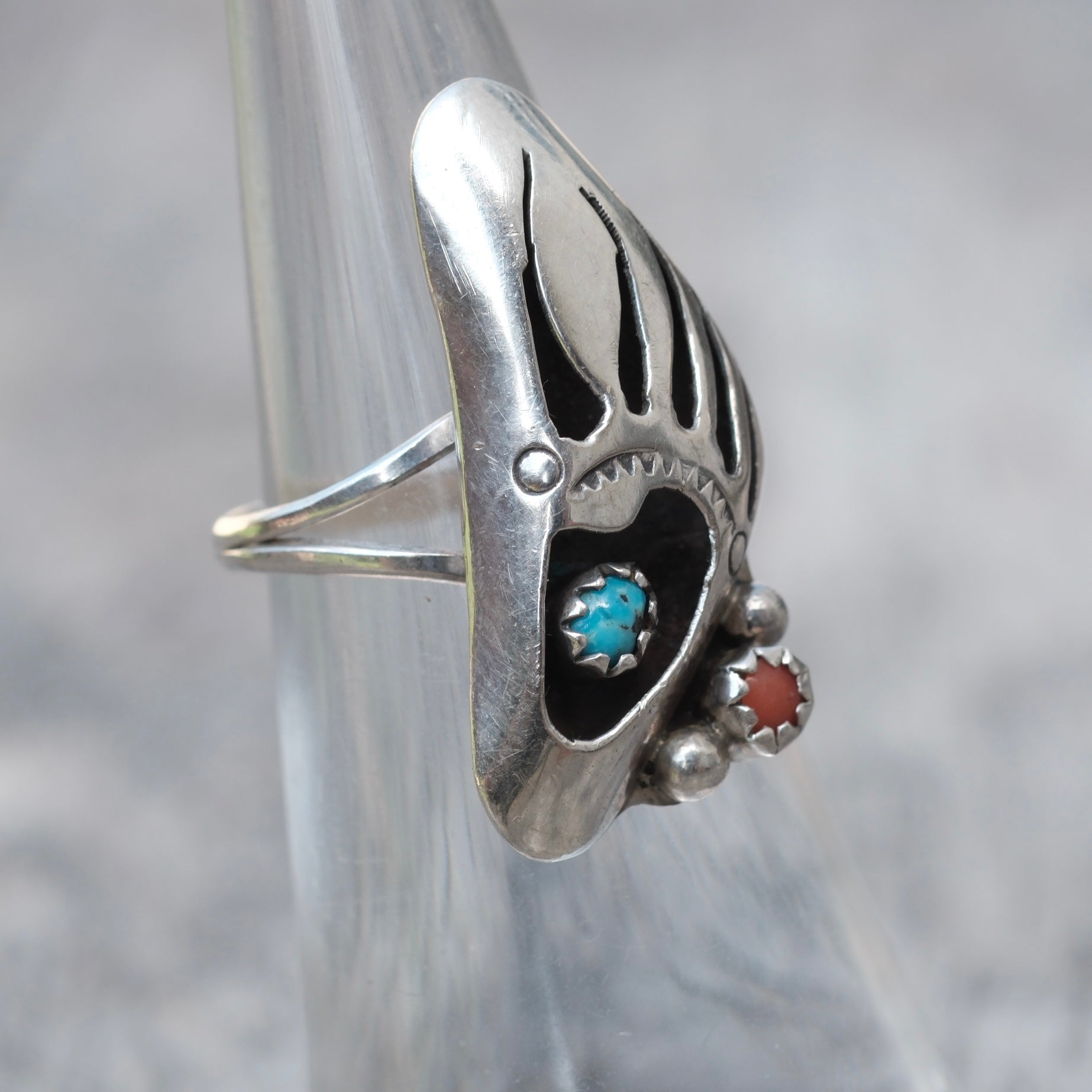 Vintage Sterling Turquoise and Coral Bear Paw Ring 5.25