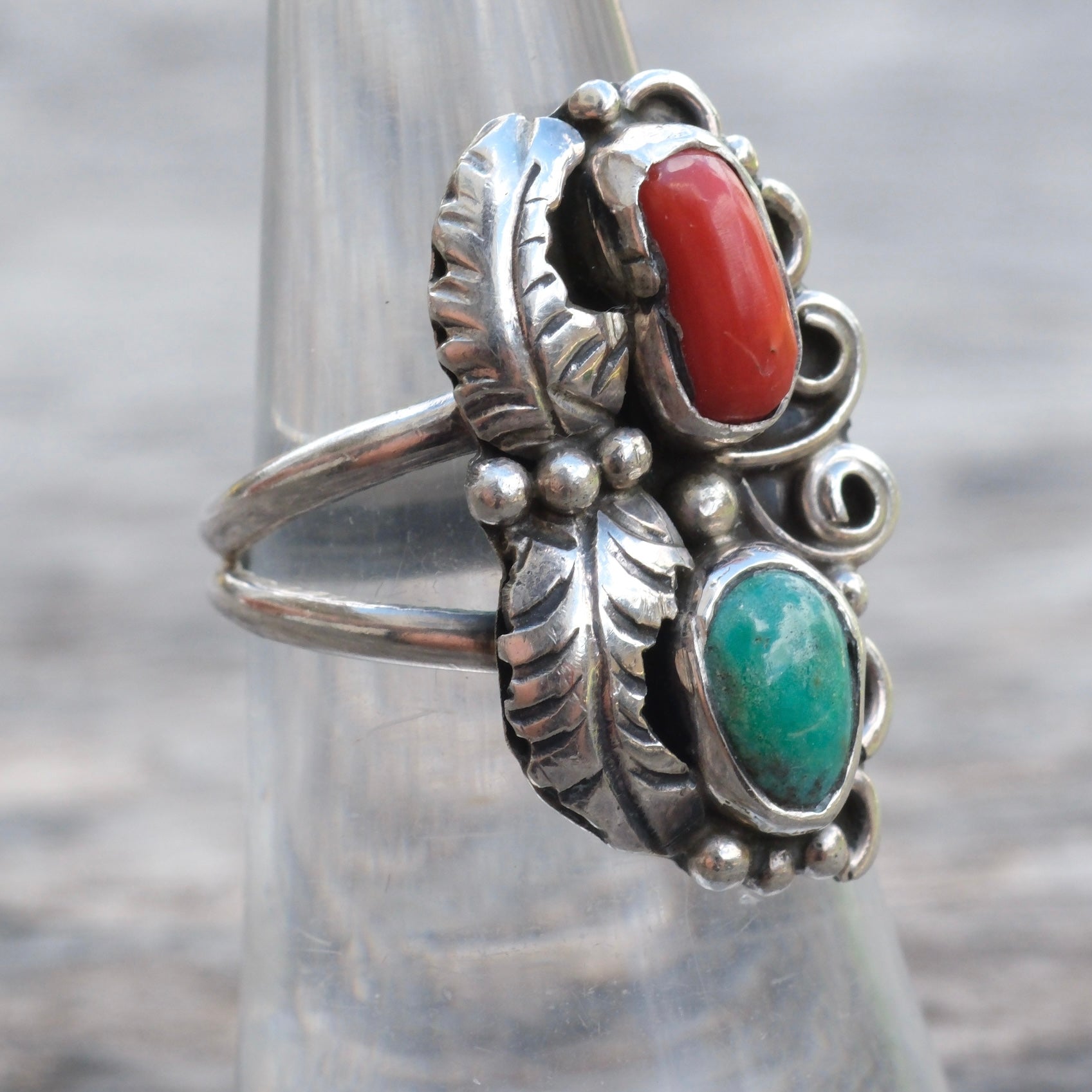 Vintage Sterling Turquoise and Coral Feather Ring 6.5