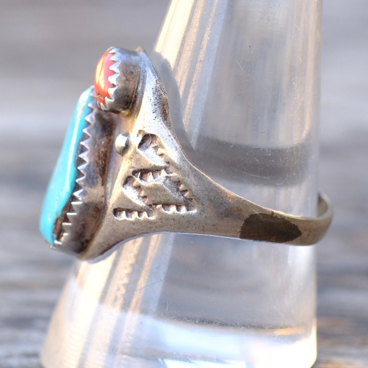 Vintage Sterling Turquoise and Coral Stamped Band Ring 10.25