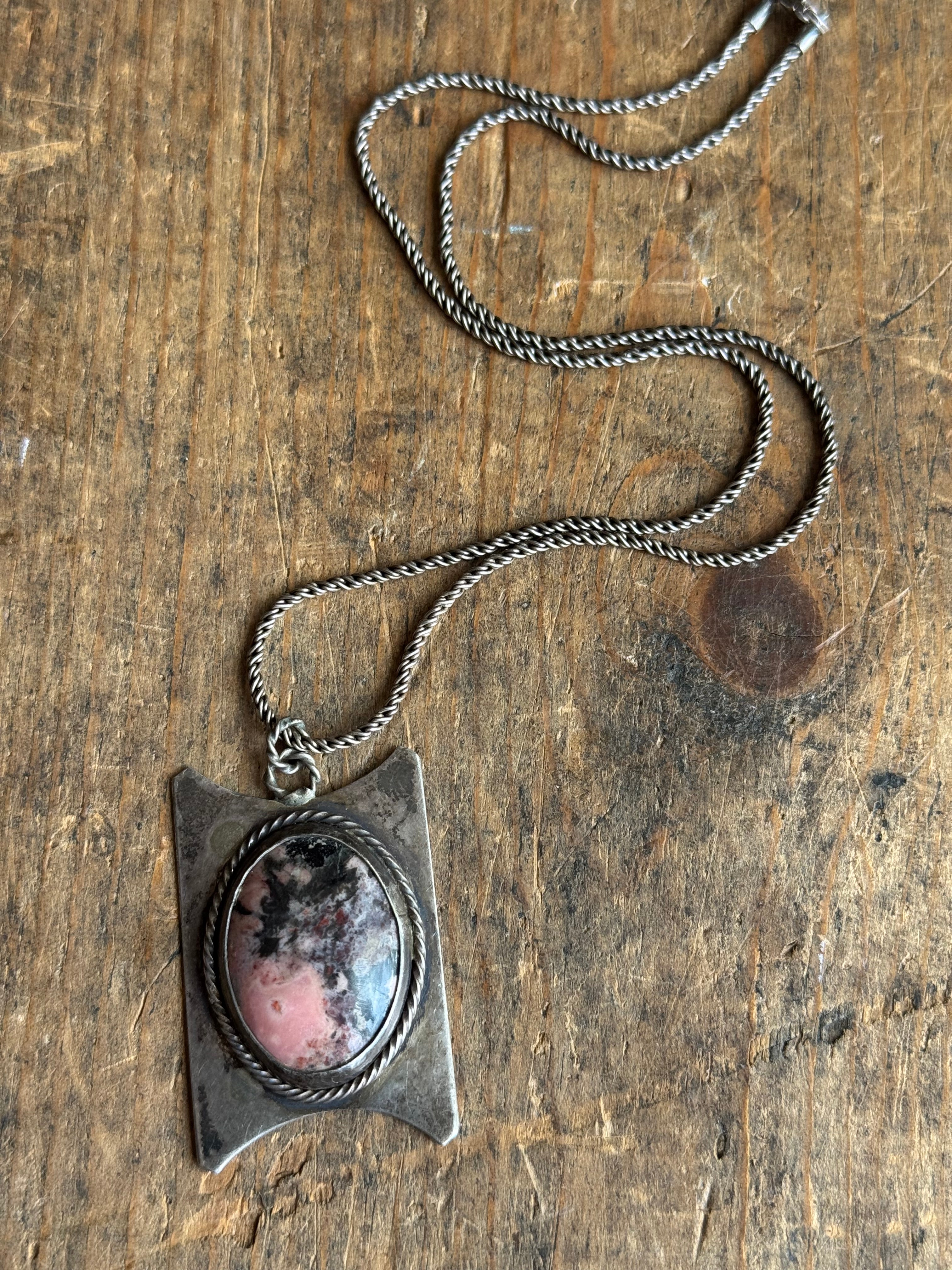 Vintage Sterling Silver Rhodonite Shield Necklace