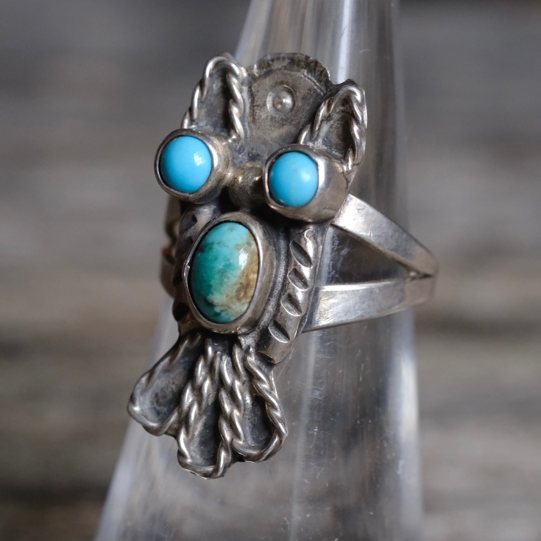 Vintage Sterling Turquoise Owl Ring 5.25