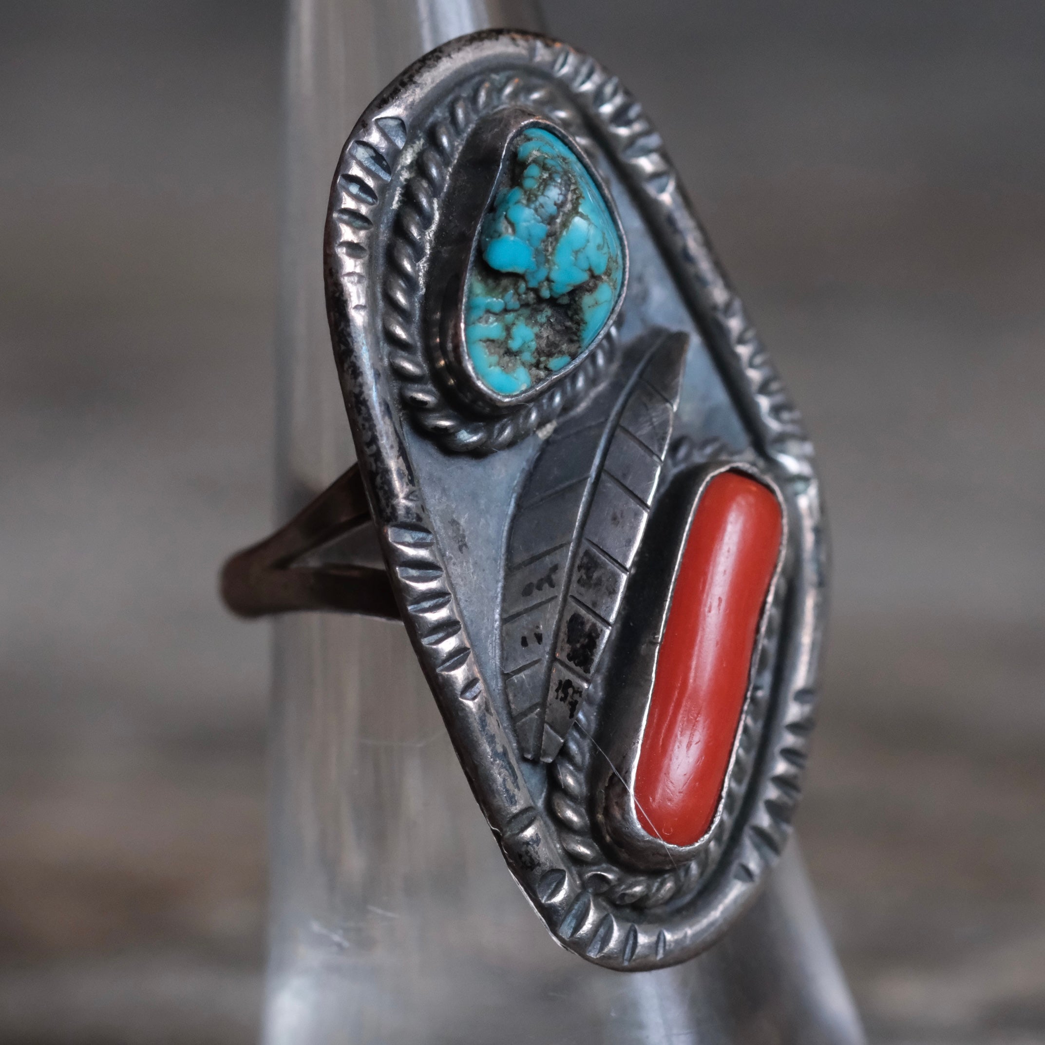 Vintage Sterling Turquoise and Coral Feather Ring 5.75