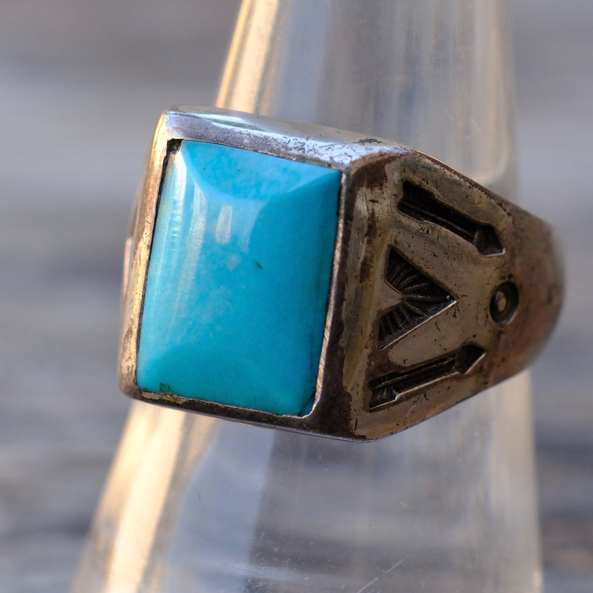 Vintage Sterling Turquoise Stamped Arrows Trading Post Ring Ring 8.75