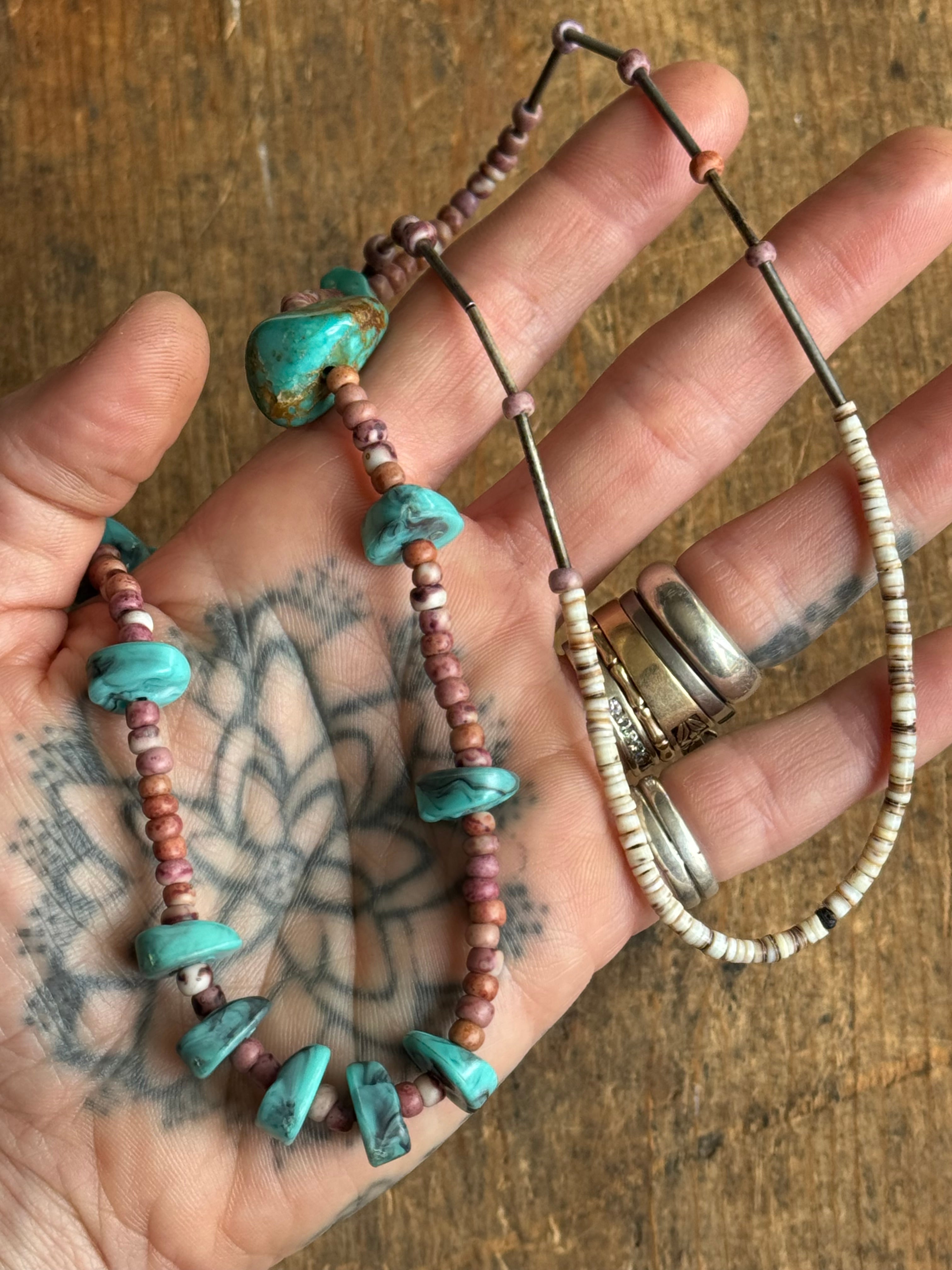 Vintage Sterlings Silver Bead Raw Turquoise Coral & Shell Necklace