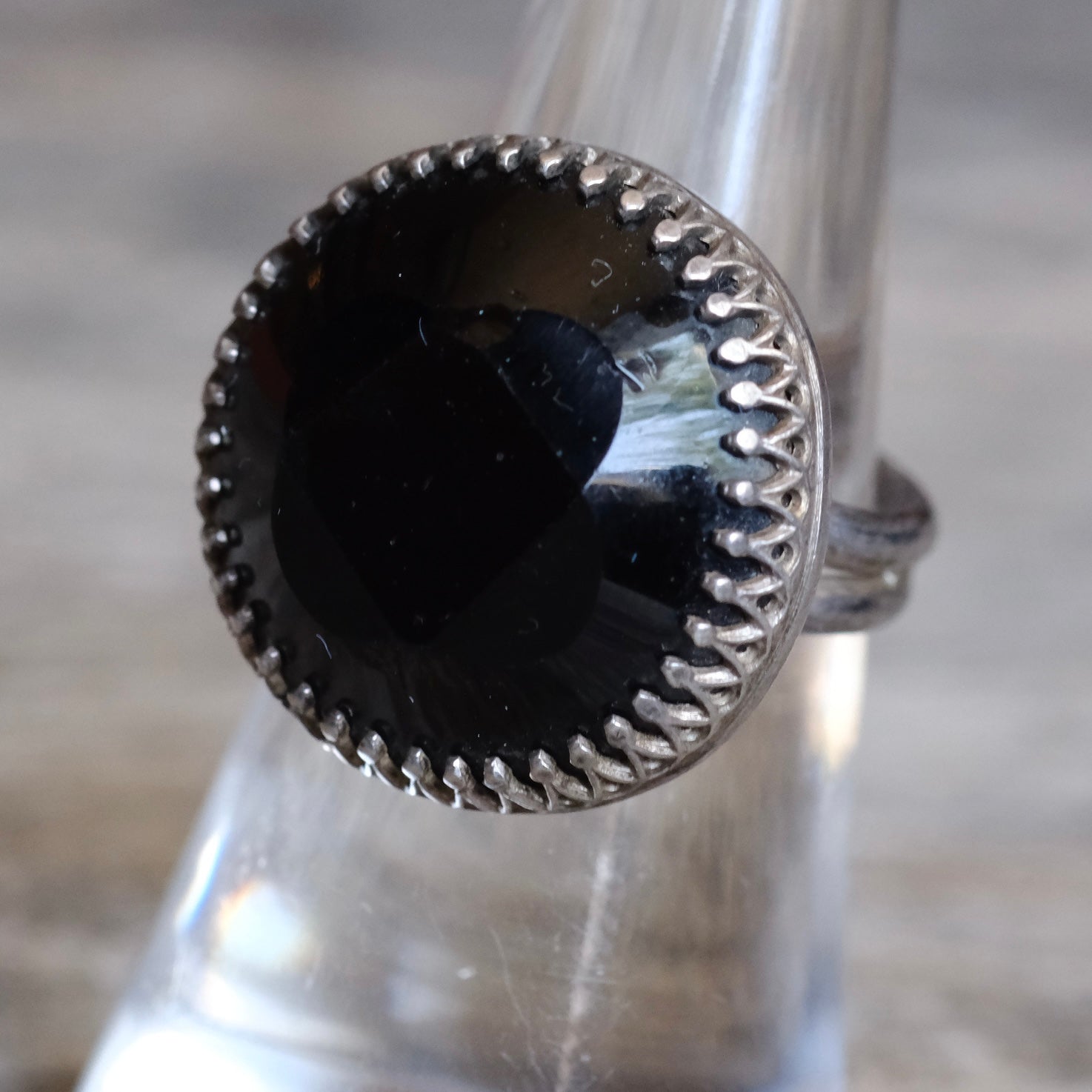 Vintage Sterling Faceted Onyx Ring 6.5