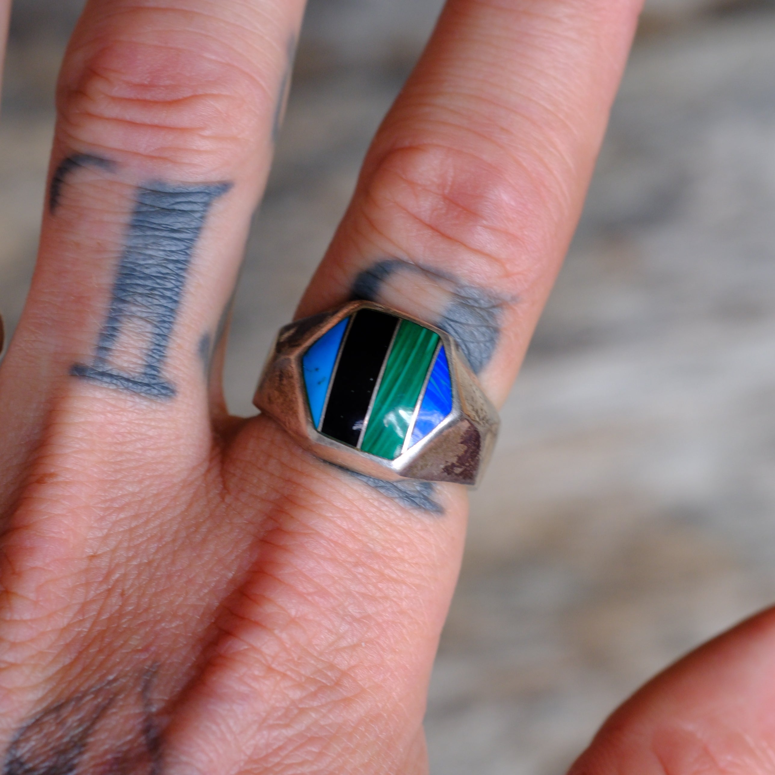 Vintage Sterling Multistone Inlay Striper Ring 10.75