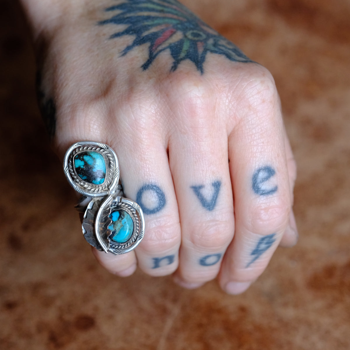 Vintage Sterling 2-Stone Turquoise Feather Ring 4.5