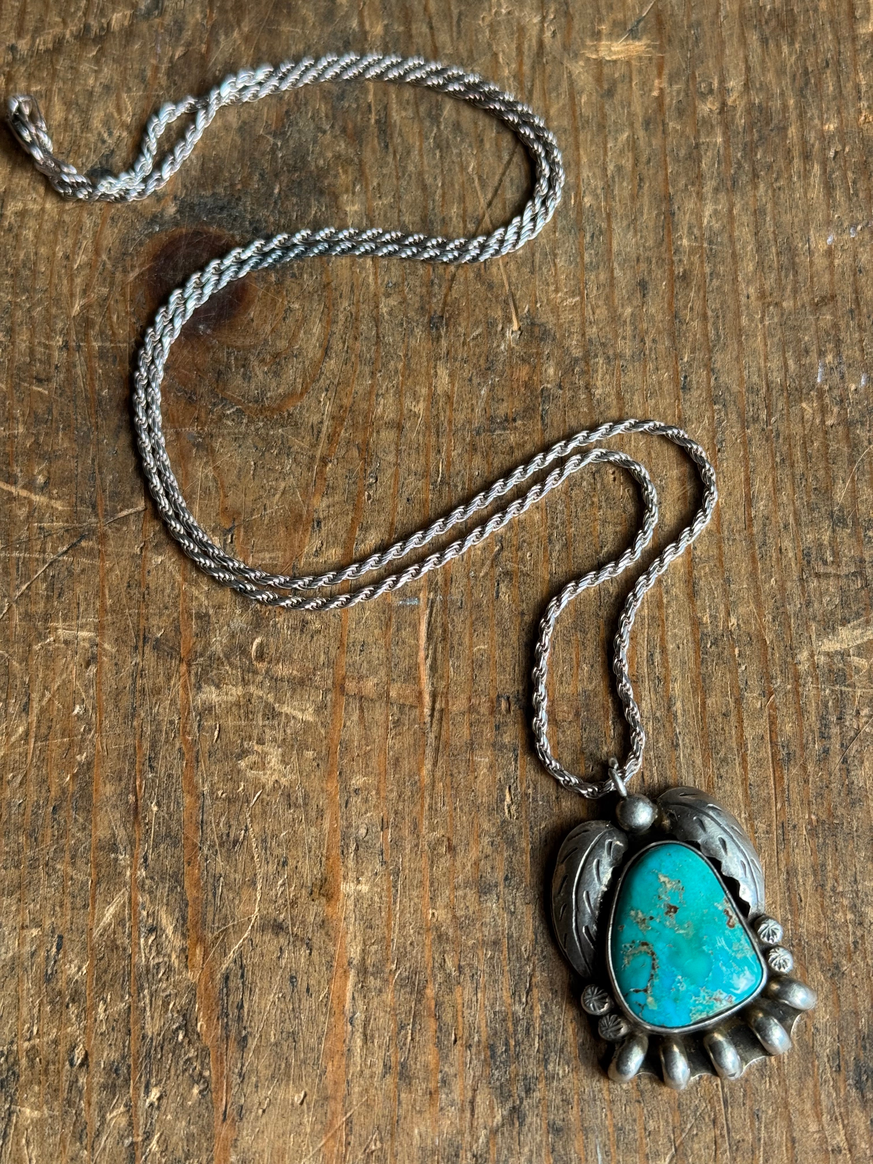 Vintage Sterling Silver Chunky Turquoise Leaf 24" Necklace