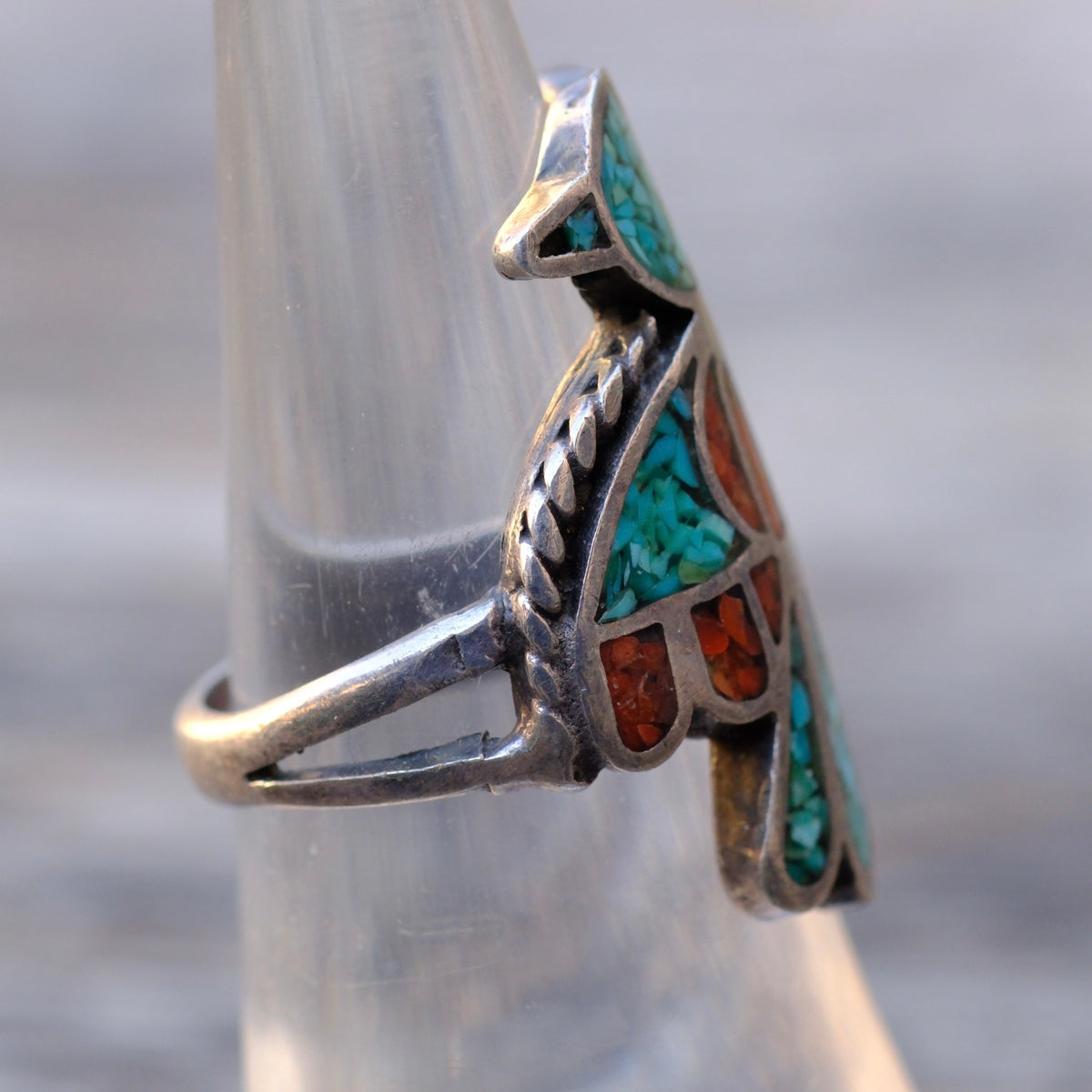 Vintage Sterling Turquoise and Coral Inlay Thunderbird Ring 6.75
