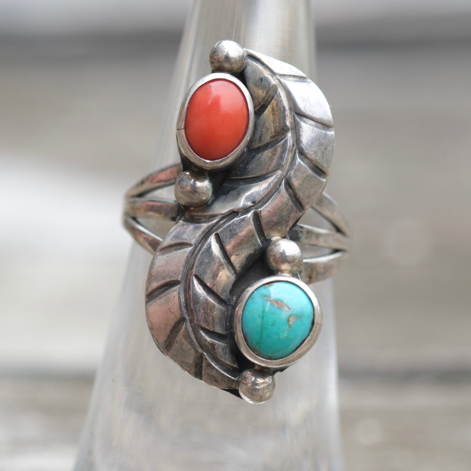Vintage Sterling Turquoise and Coral Feather Ring 5.25