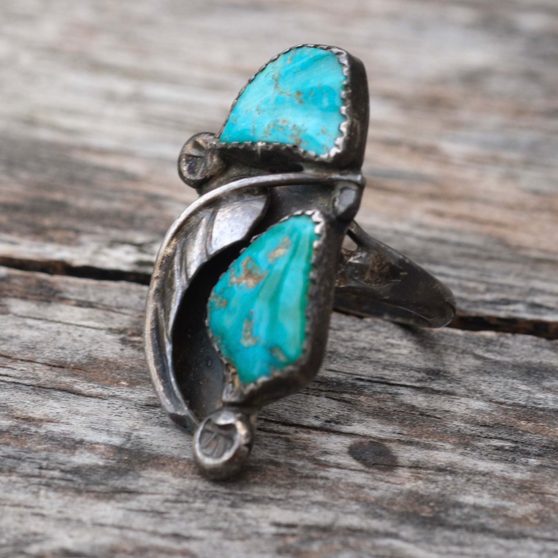 Vintage Sterling Carved Turquoise Feather Ring 6.25