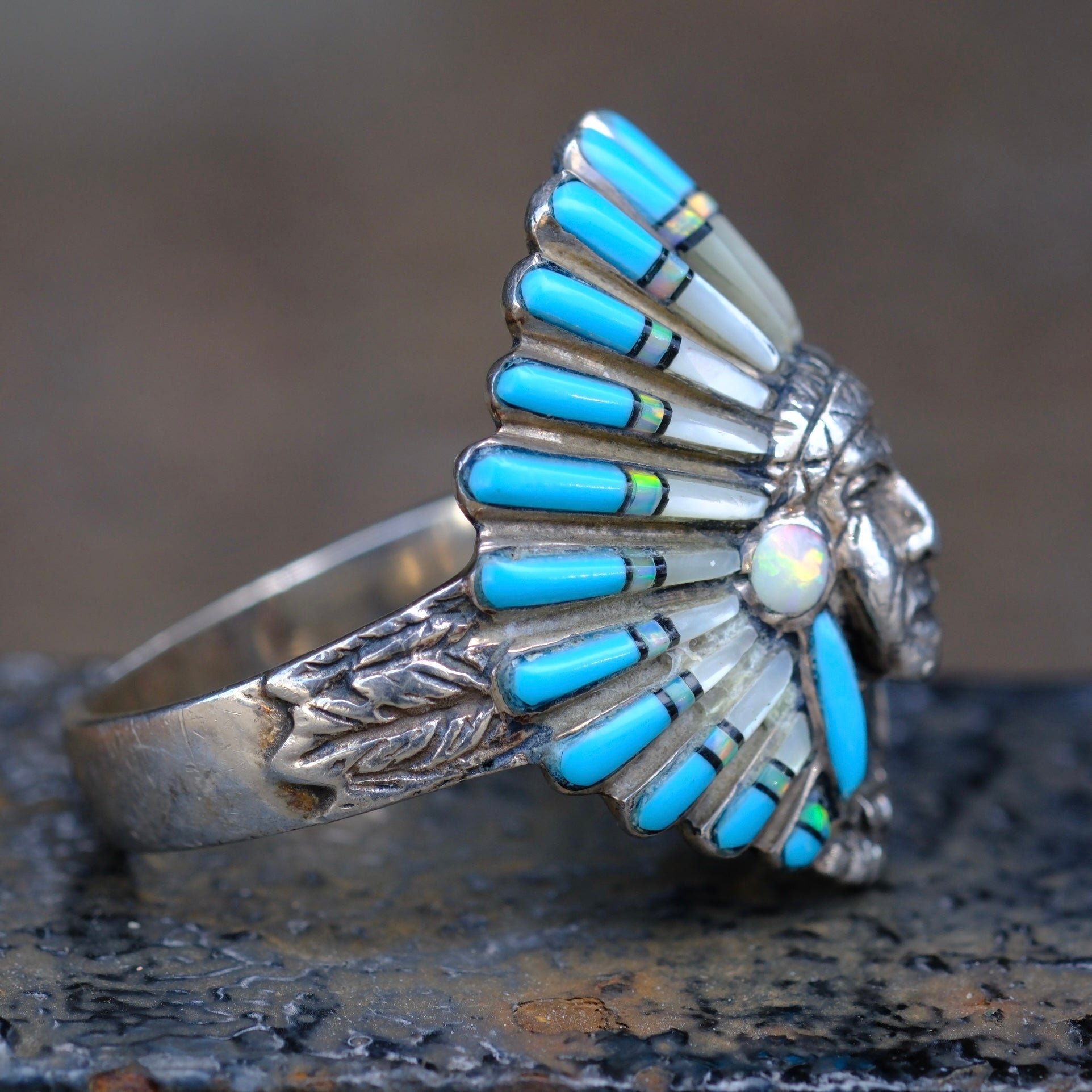 Vintage Sterling Multstone Inlay Big Chief Ring 13