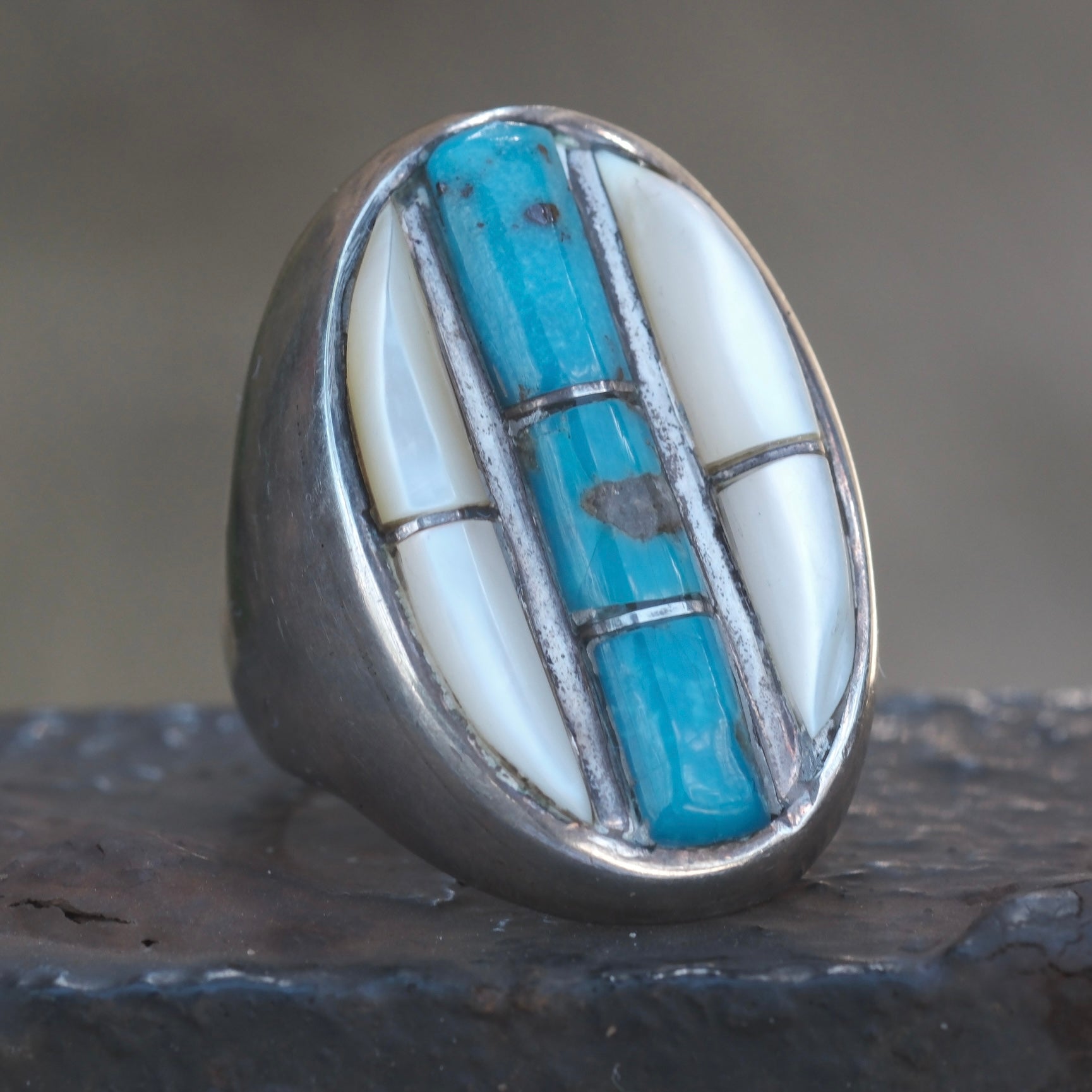 Vintager Sterling Turquoise and Mother Of Pearl Inlay Ring 9