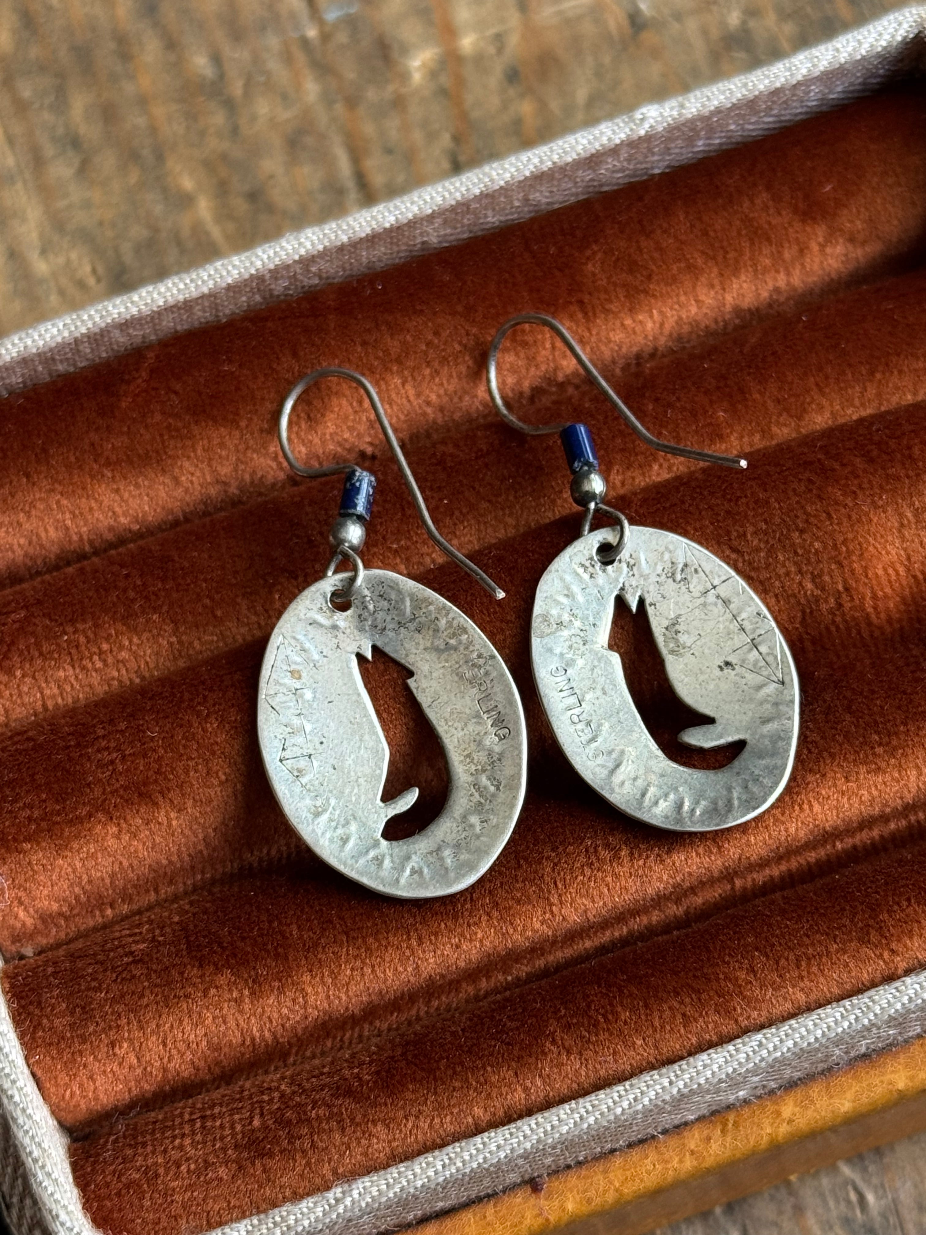 Vintage Sterling Silver Coyote & Lapis Bead Earrings