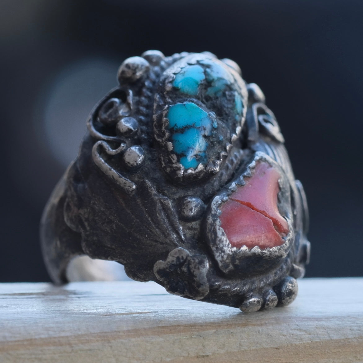 Vintage Sterling Turquoise and Coral Feather Ring 9.75