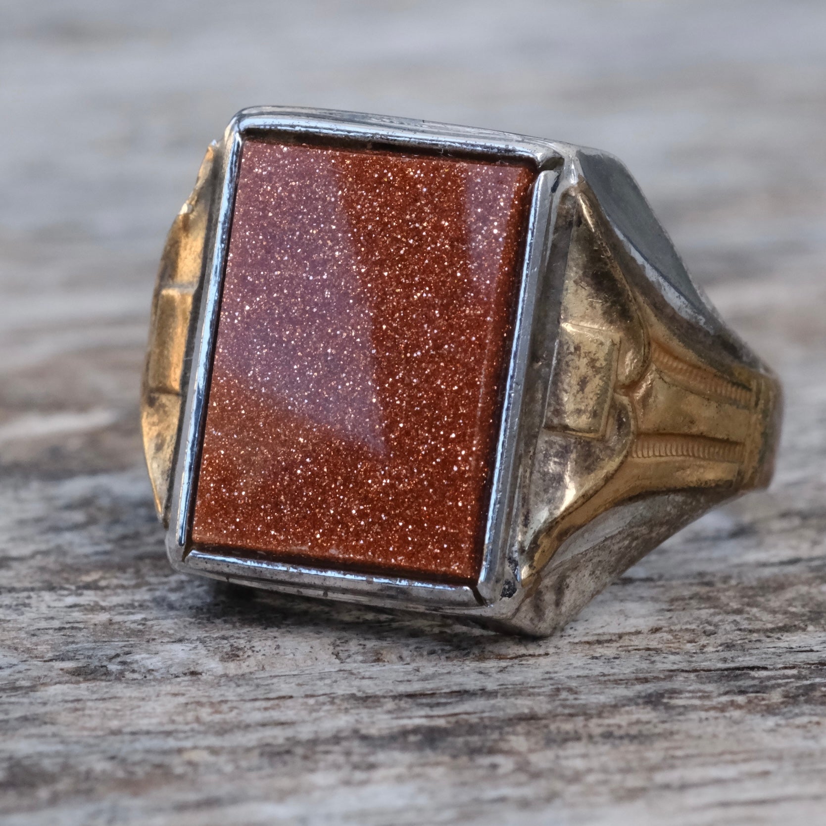 Vintage Sterling Goldstone Signet Ring 10.75
