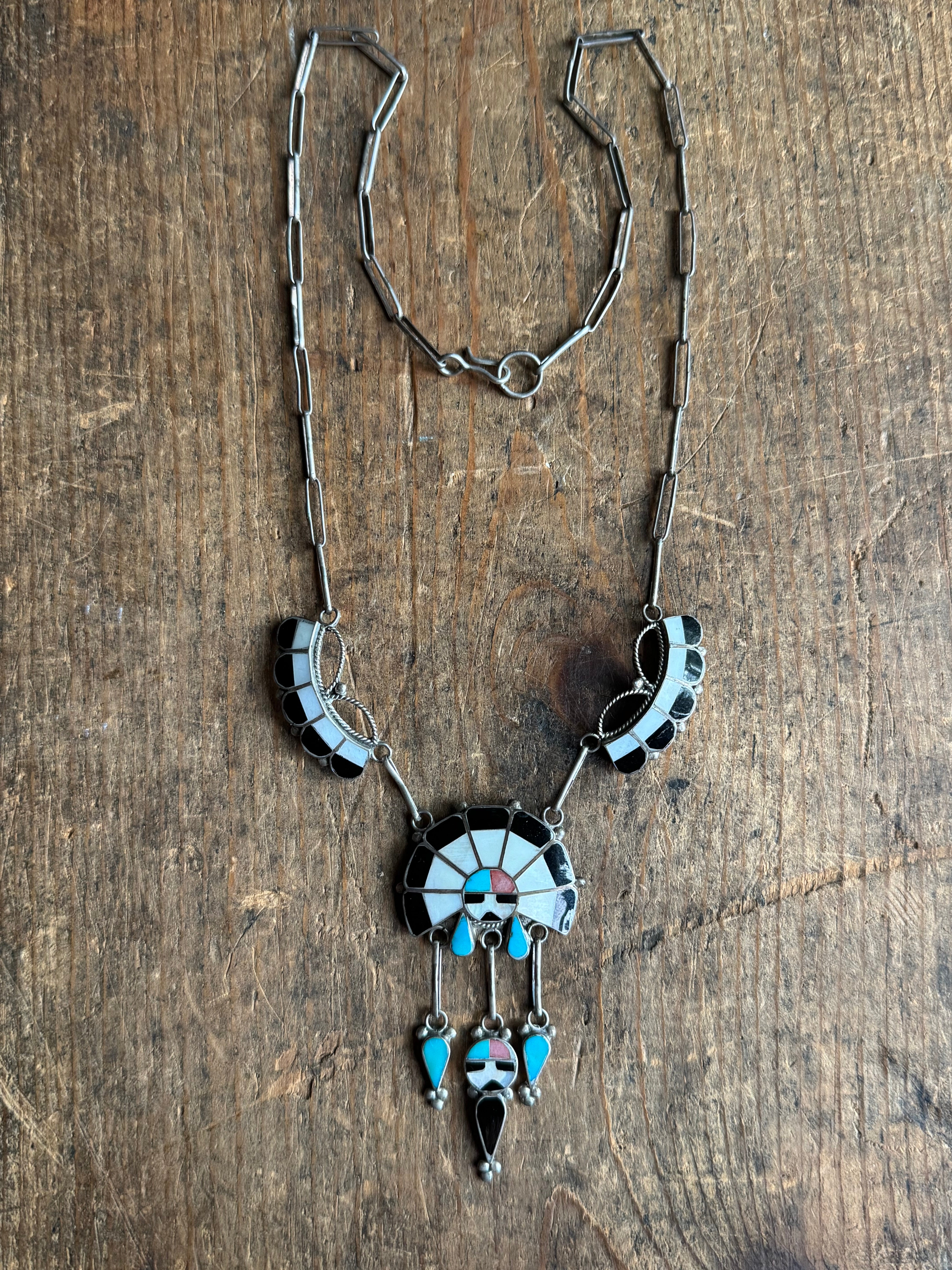 Vintage Sterling Silver Navajo Turquoise Sawcut Feather Necklace