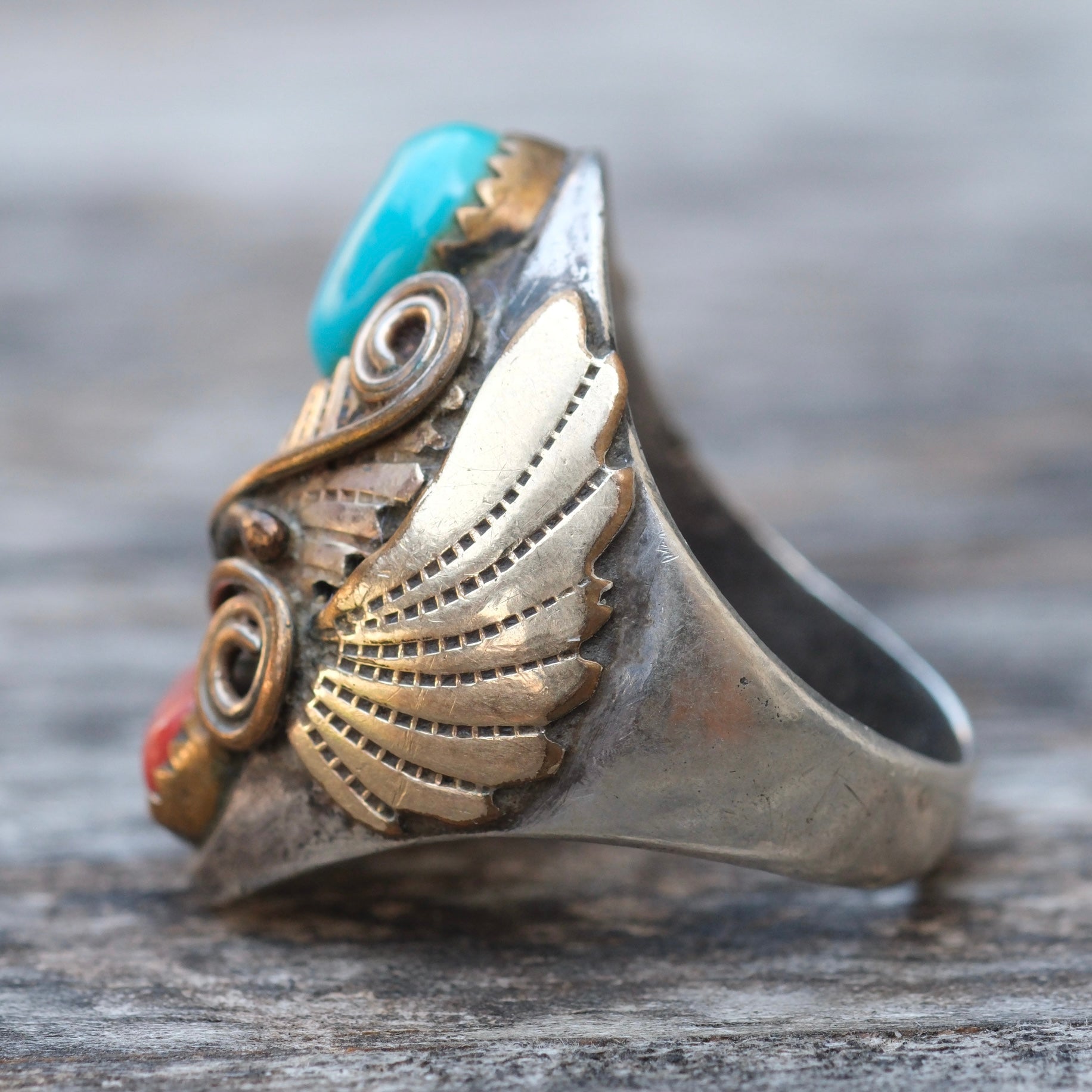 Vintage Sterling And Copper Turquoise Coral Feather Ring 10.5