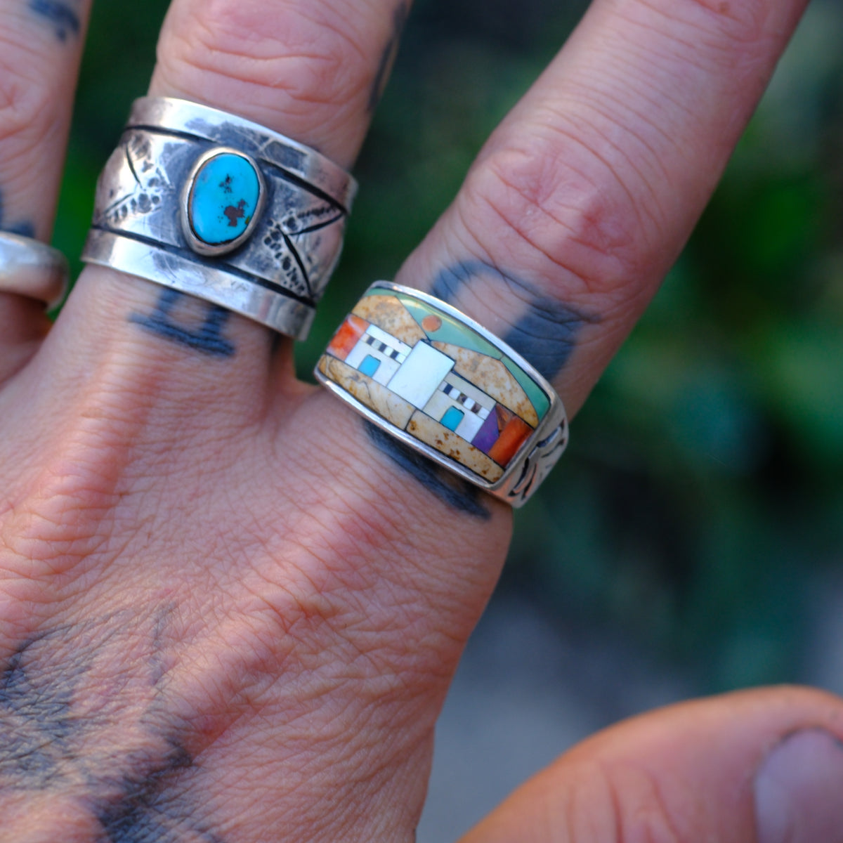Vintage Sterling Inlay Pueblo Ring 9.5