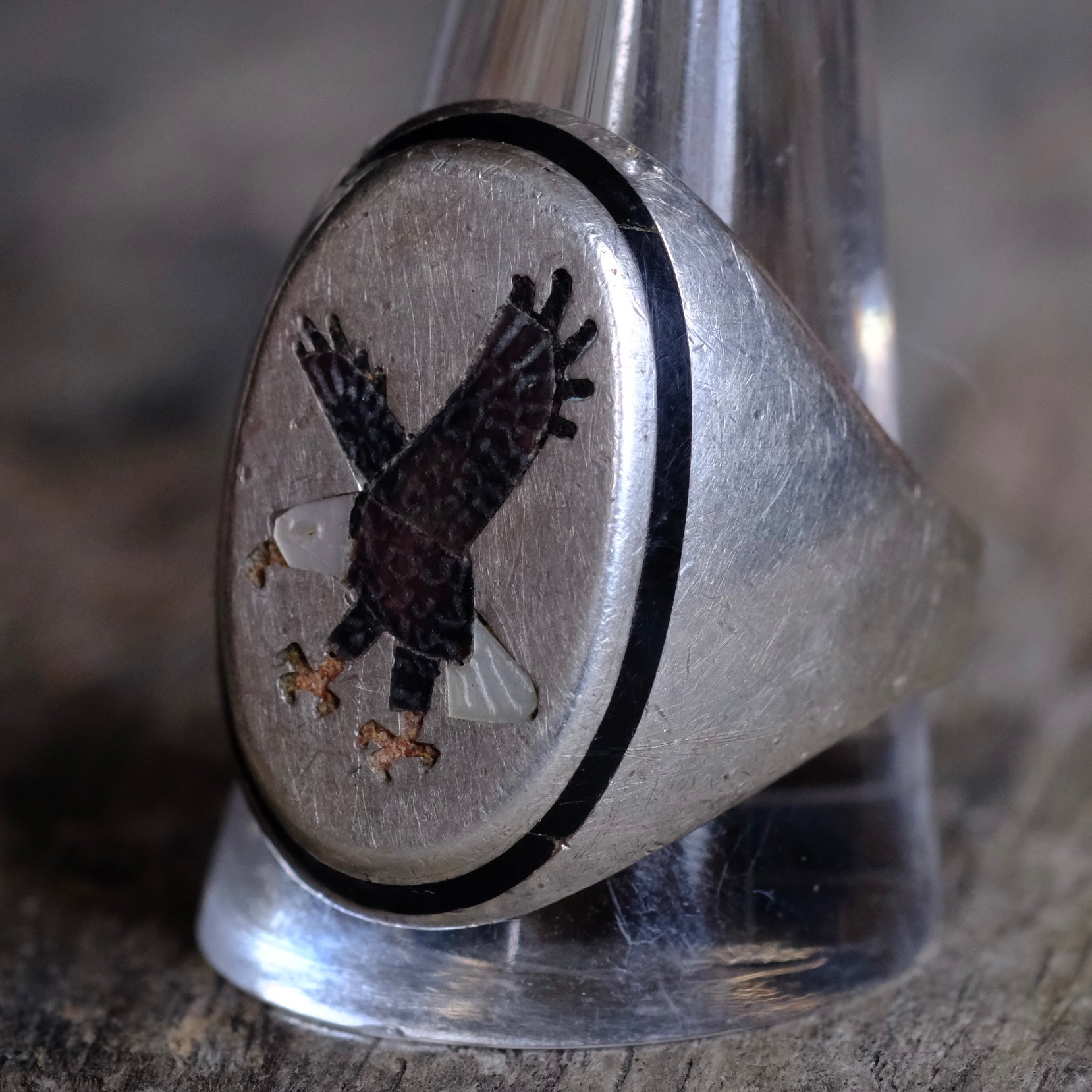 Vintage Sterling Eagle Inlay Ring 12.5