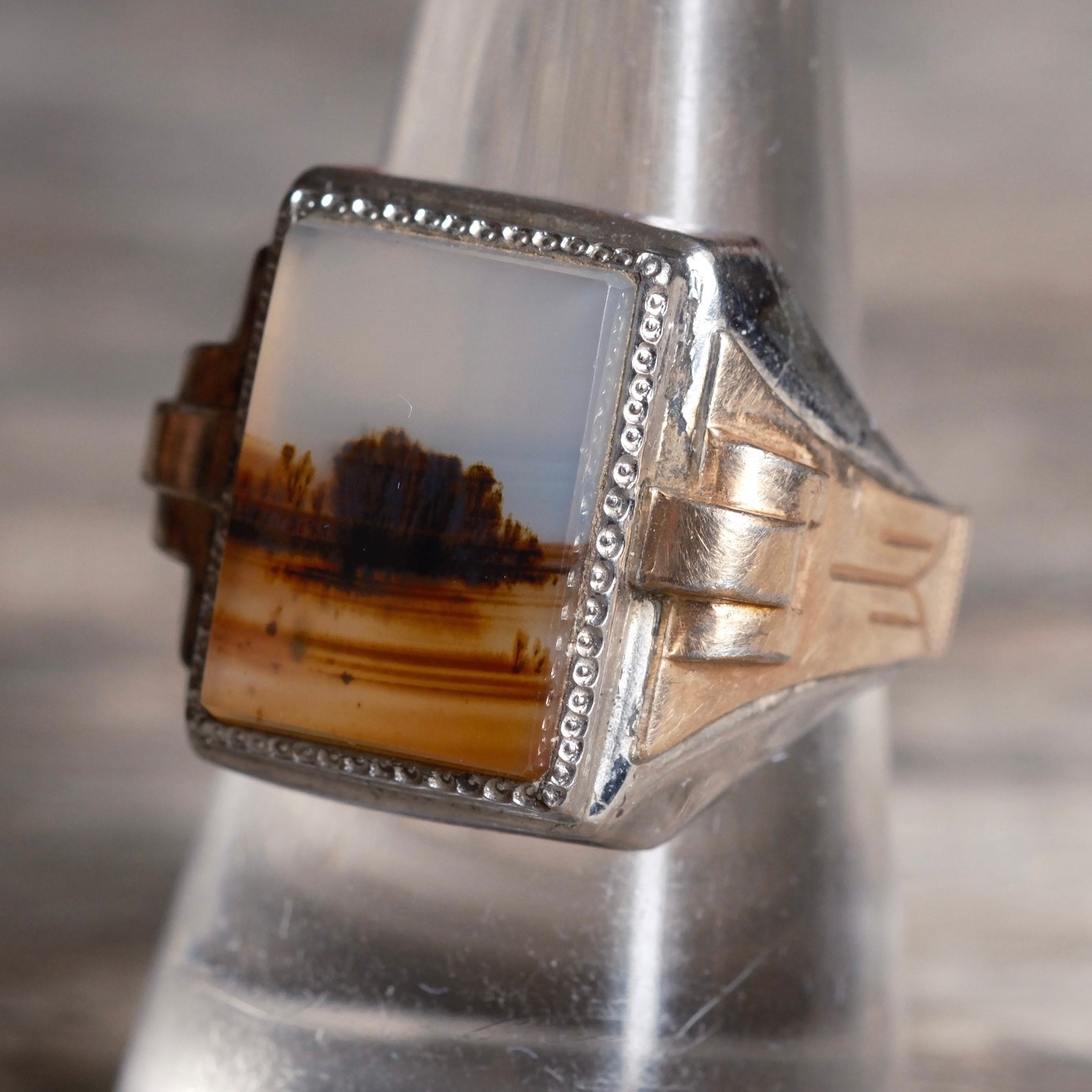 Vintage Sterling and Gold Agate Signet Ring Ring 9.75