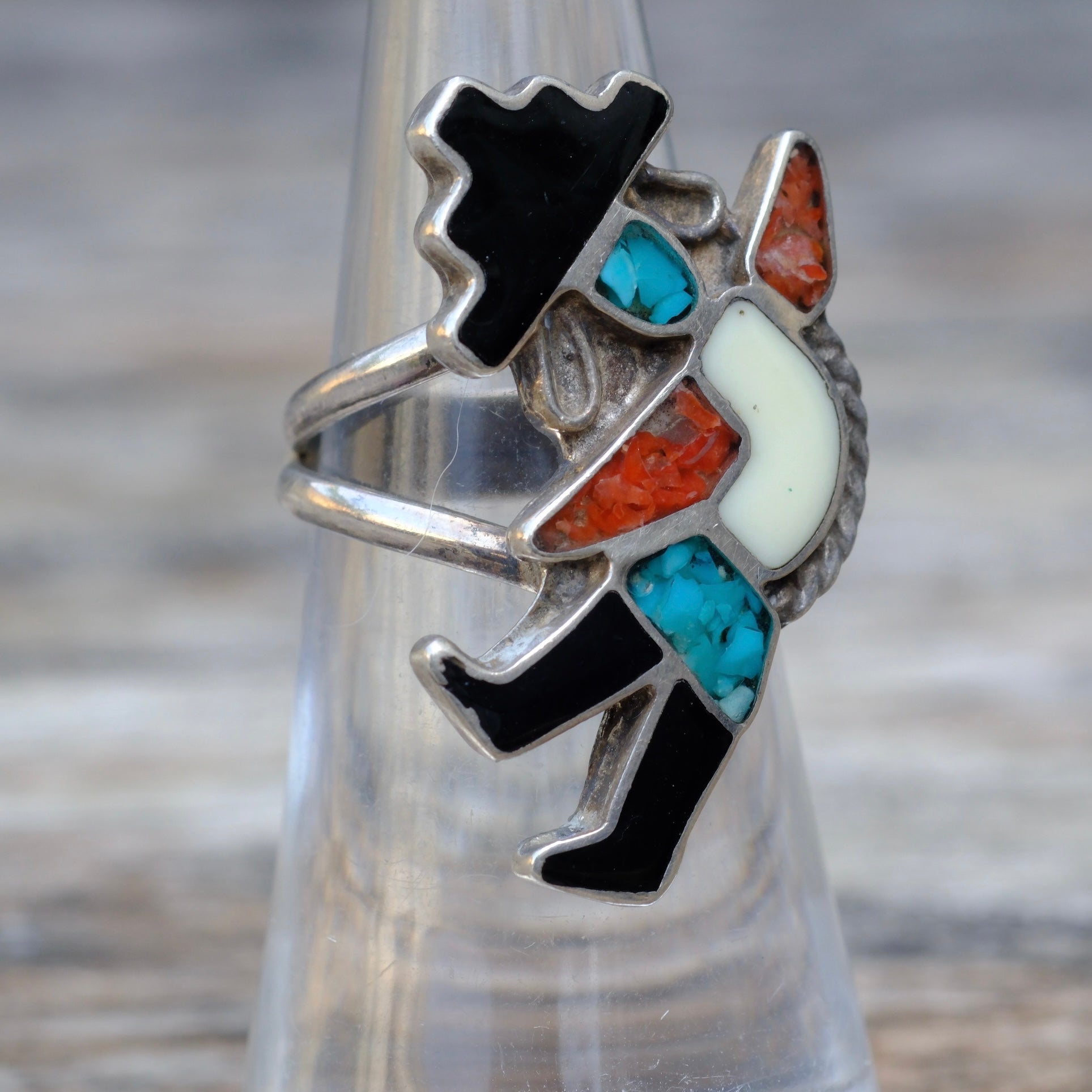 Vintage Sterling Multi Stone Inlay Dancer Ring 5.5