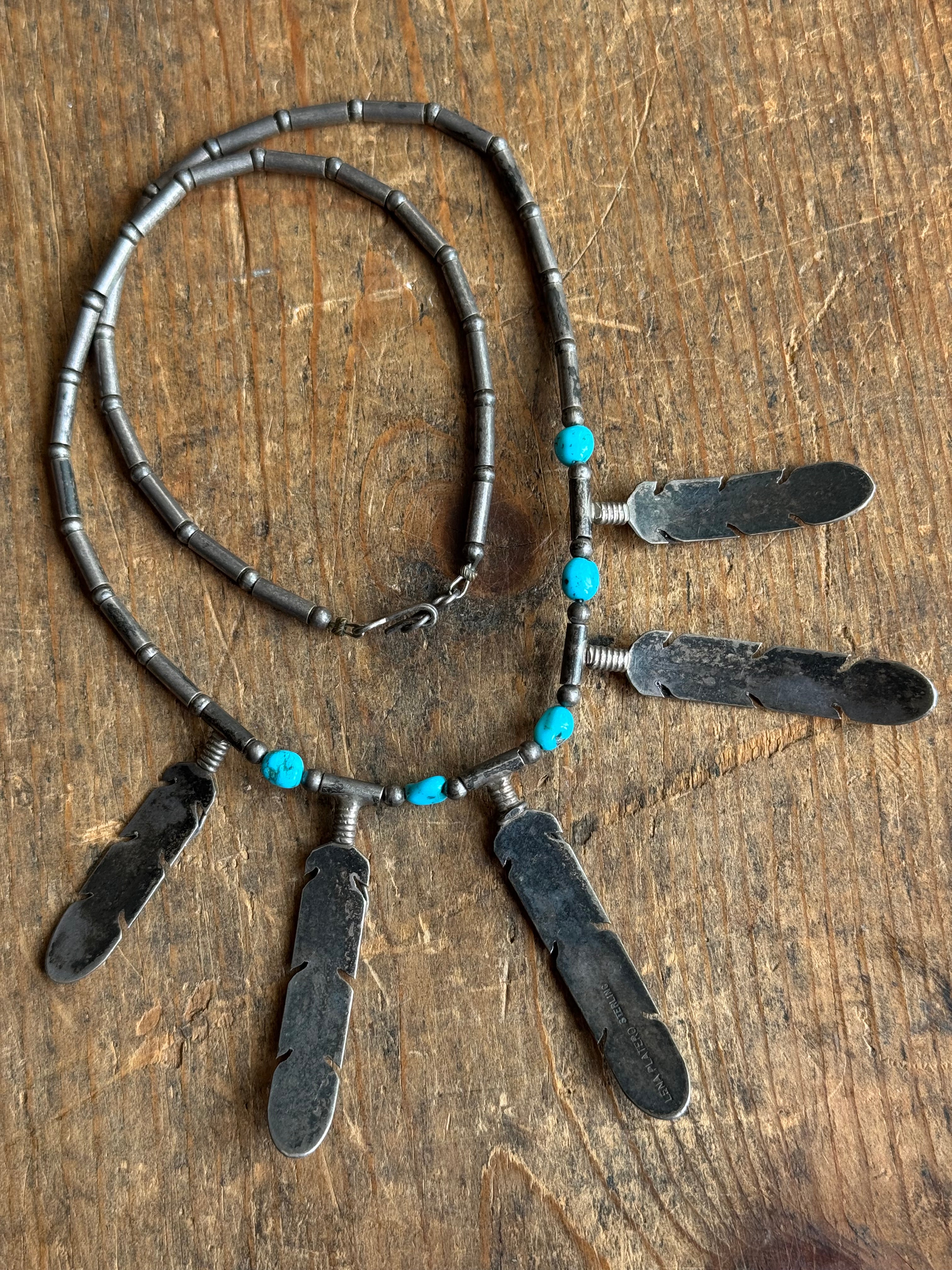 Vintage Sterling Silver Five Feather Turquoise Necklace