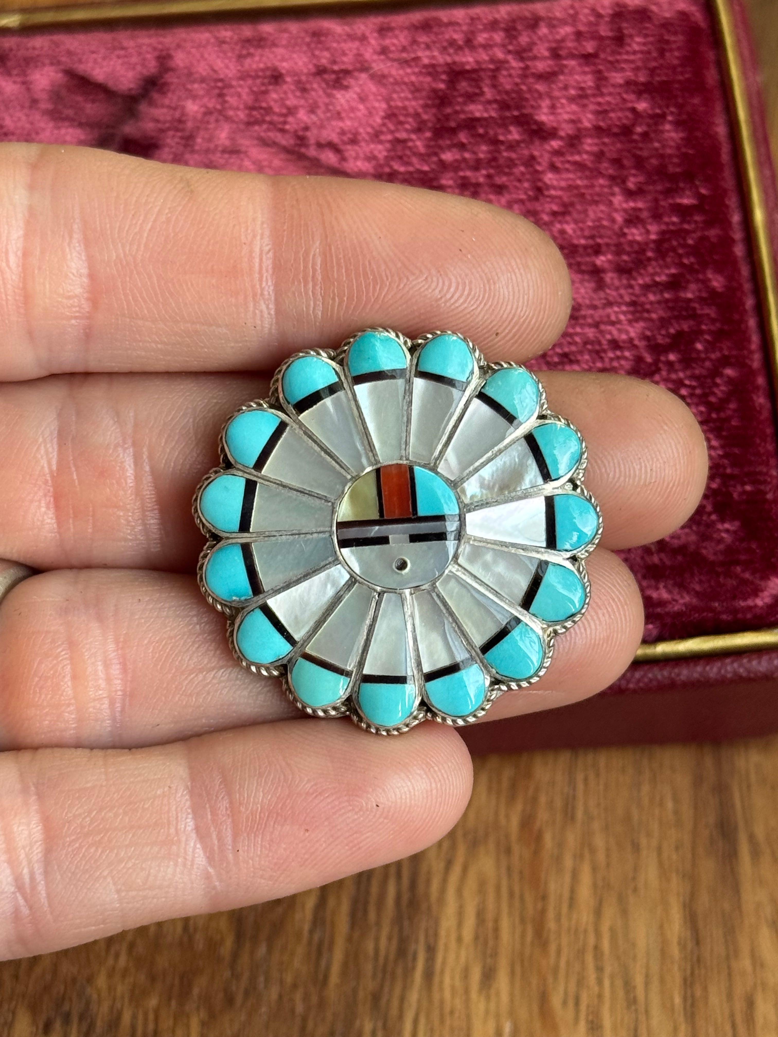 Vintage Sterling Silver Multistone Inlay Sun Face Pin/Pendant