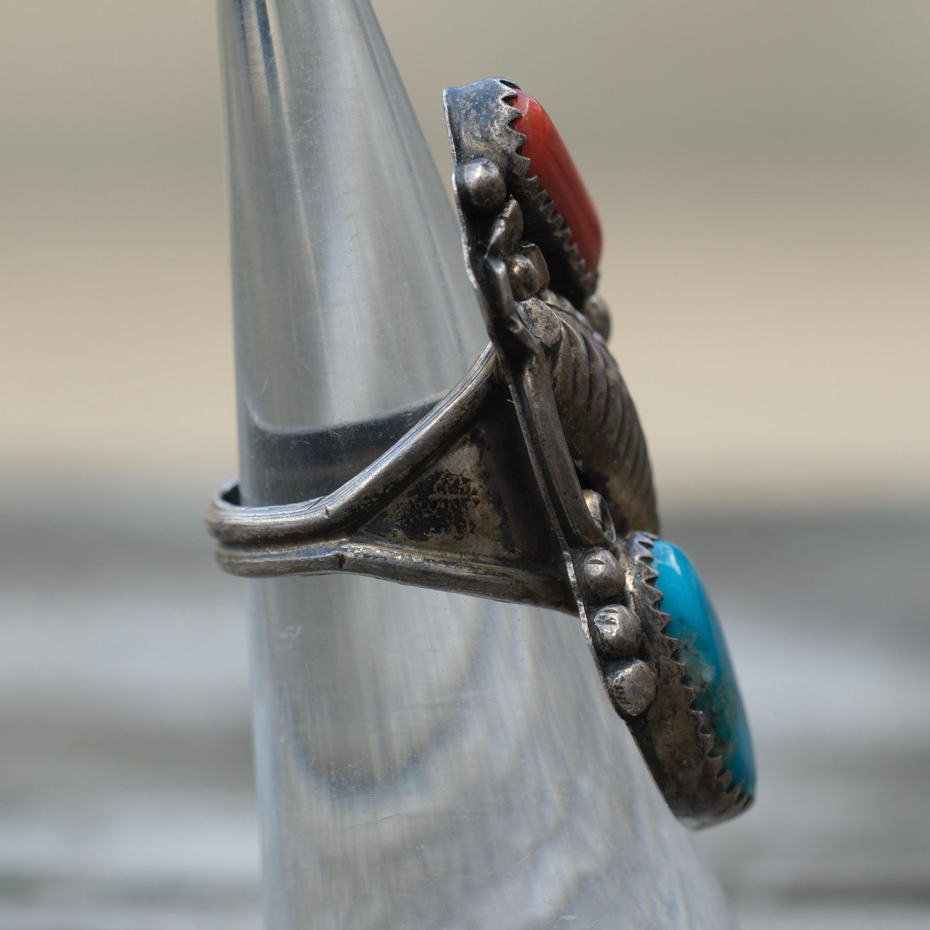 Vintage Sterling Turquoise and Coral Feather Ring 4.5
