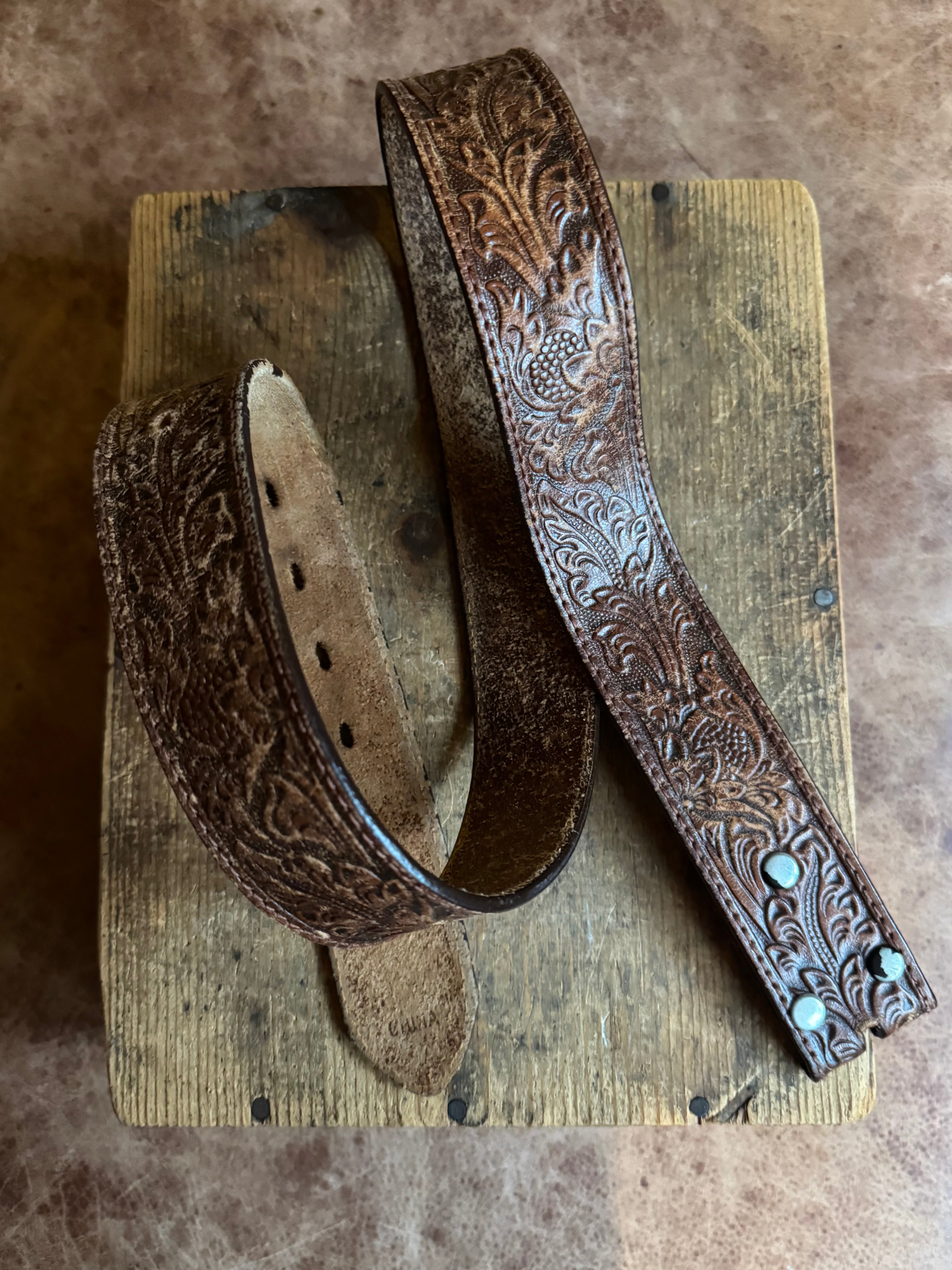 Vintage Cognac Leaf Tooled Leather Belt