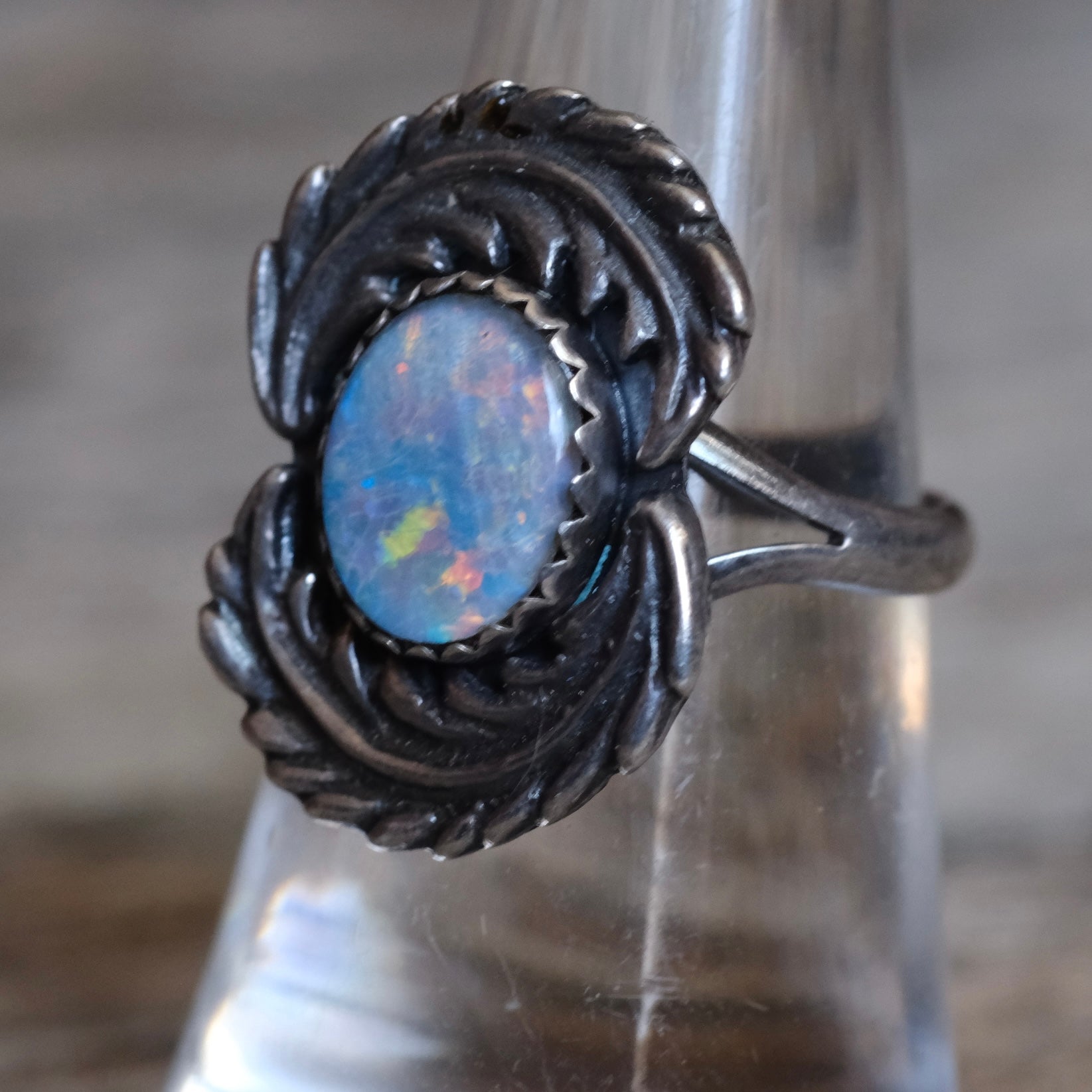 Vintage Sterling Opalite Feather Ring 7