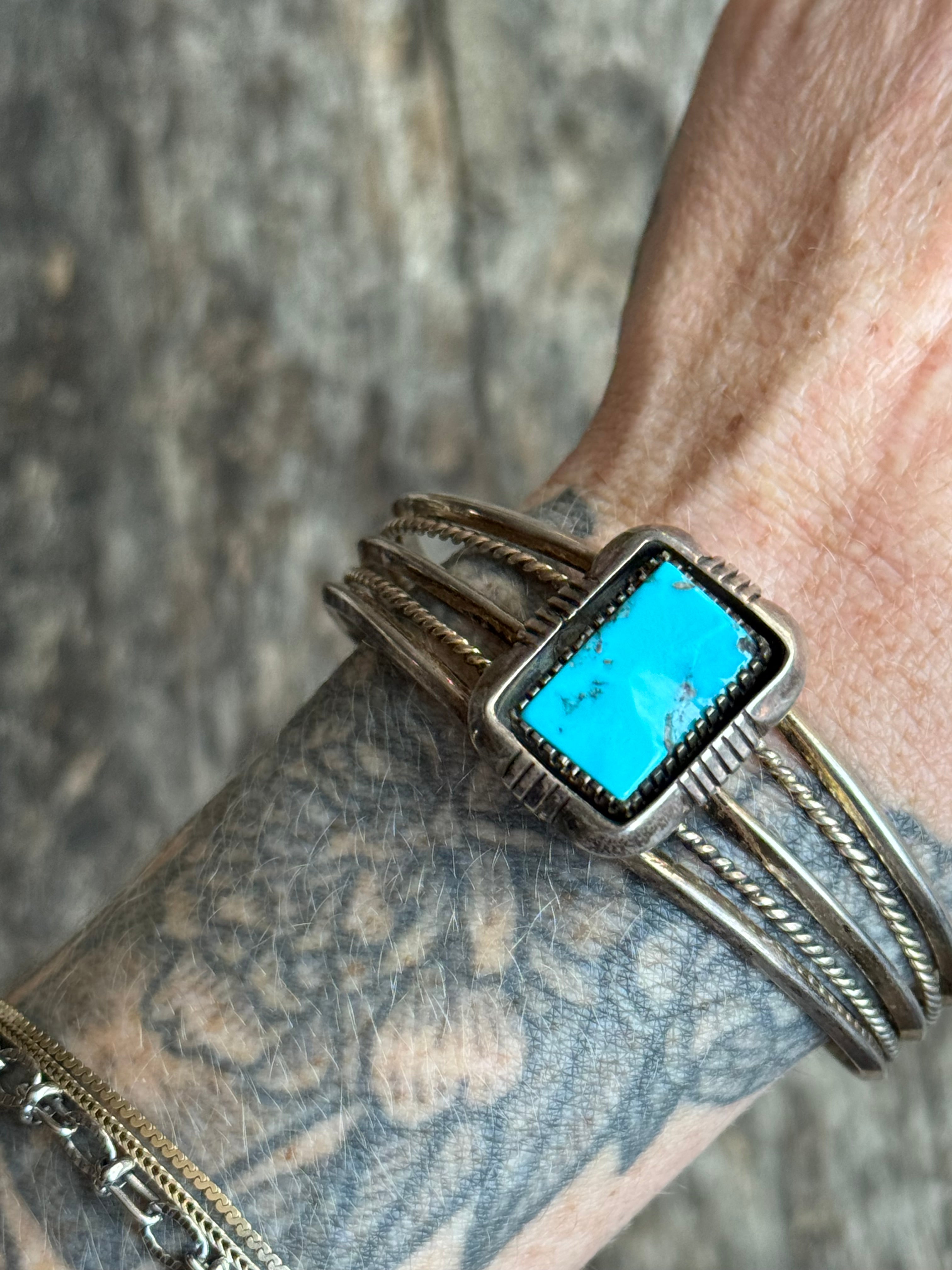 Vintage Sterling Silver Square Turquoise Sawcut Cuff