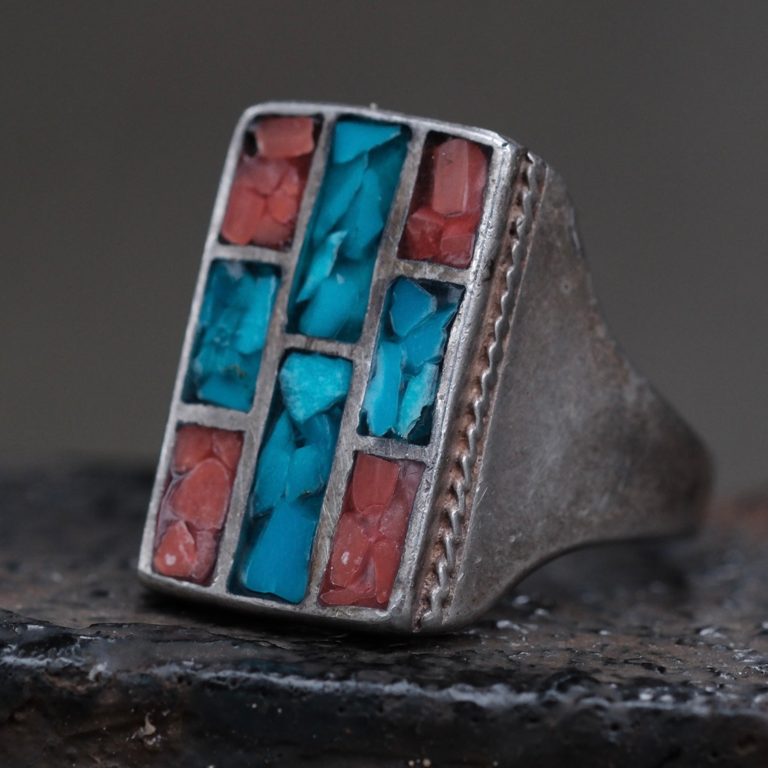 Vintage Sterling turquoise and Coral Inlay Ring 9.75