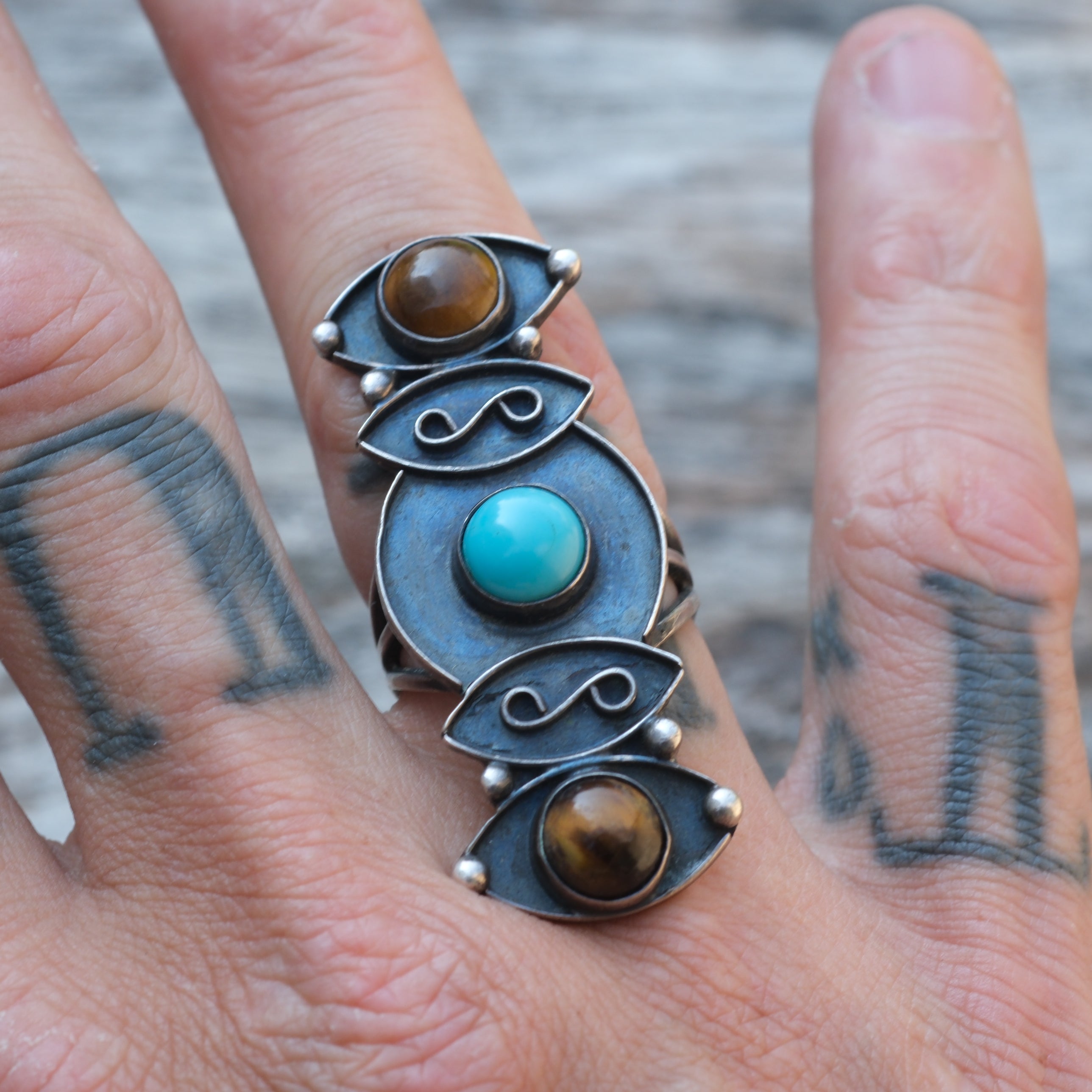 Huge Vintage Sterling Turquoise and Tigers Eye Ring 7.5