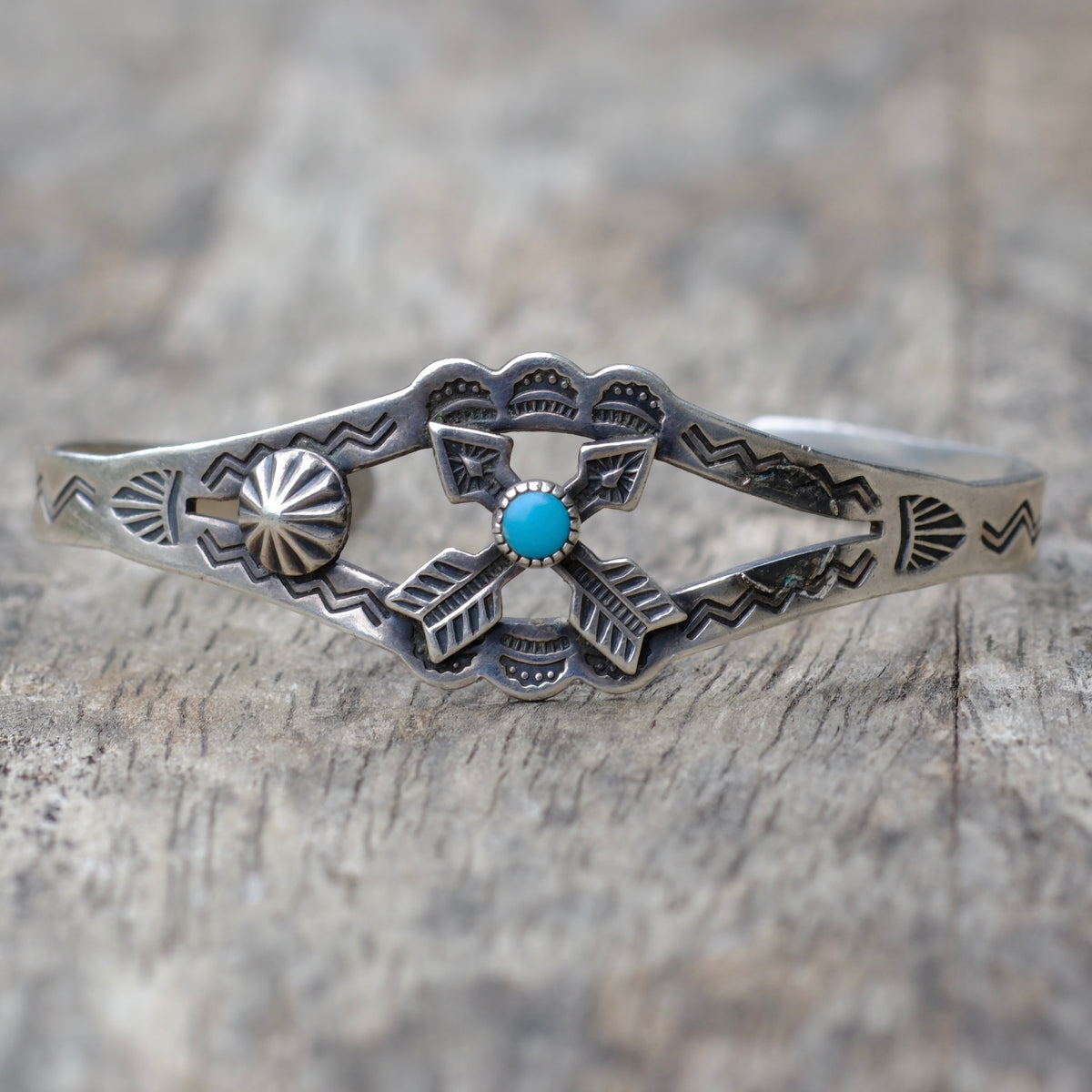 Vintage Sterling Crossed Arrows Turquoise Cuff Bracelet