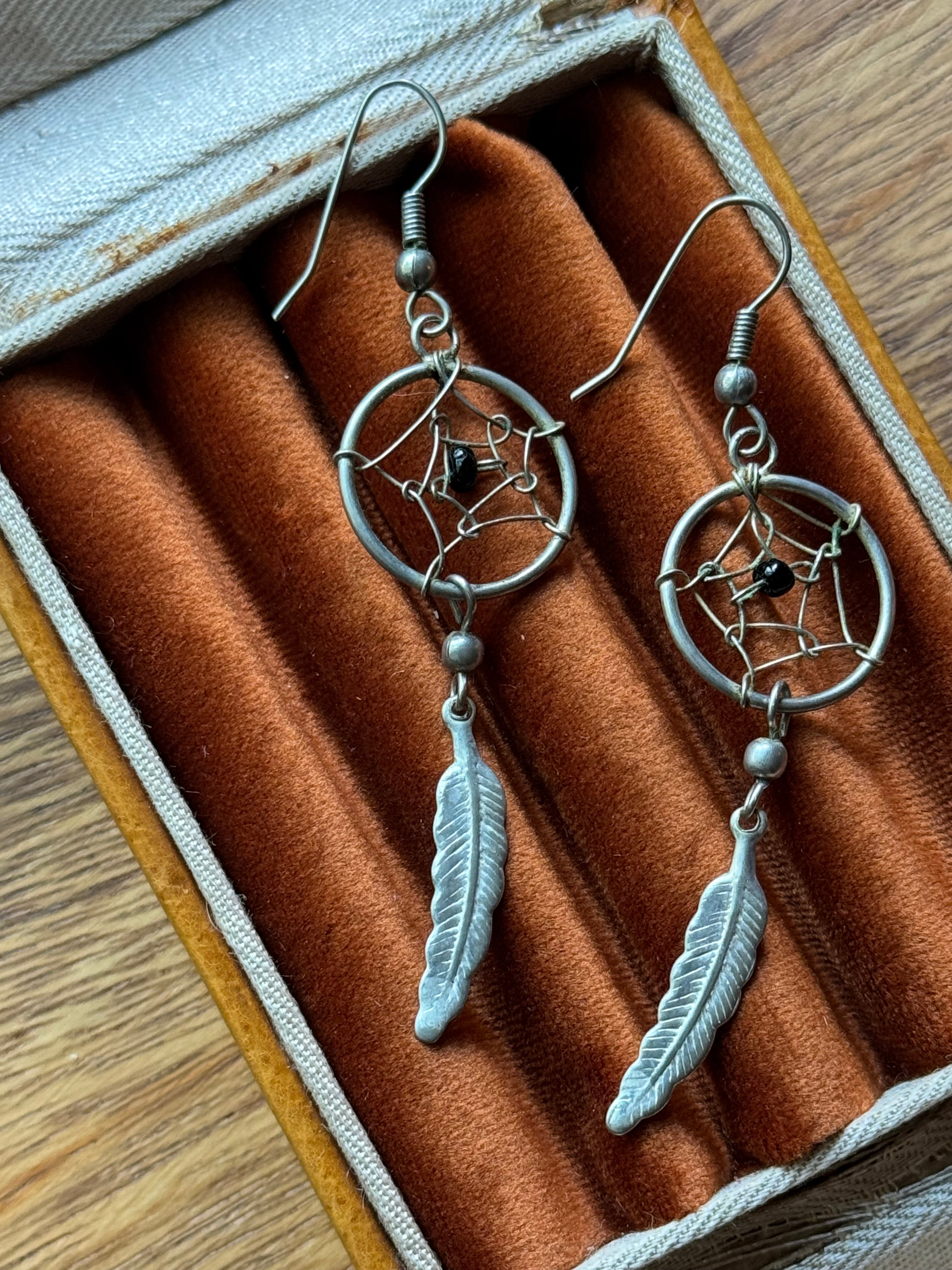 Vintage Sterling Silver Onyx Bead Dreamcatcher Feather Earrings