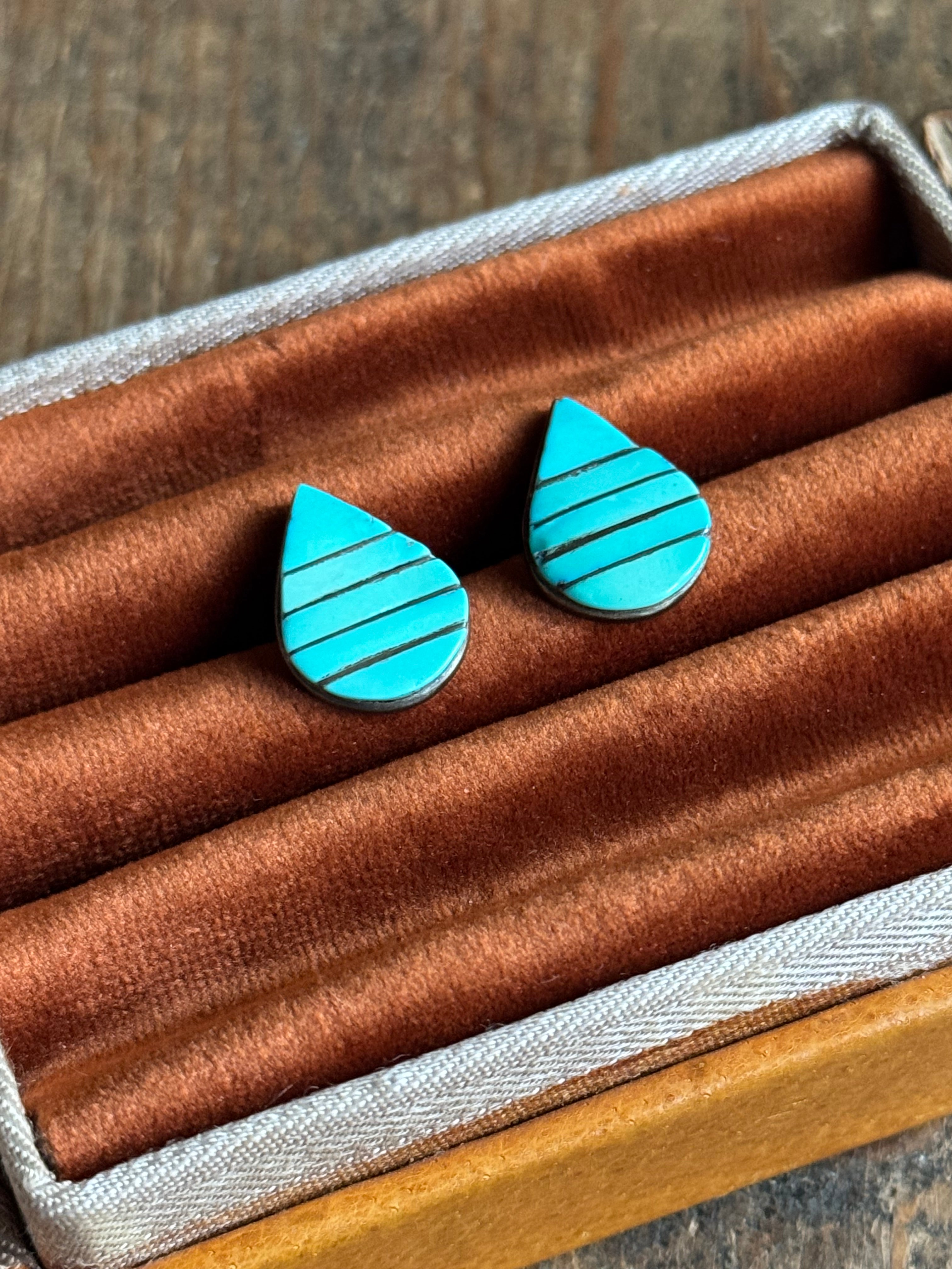 Vintage Sterling Silver Turquoise Inlay Teardrop Earrings