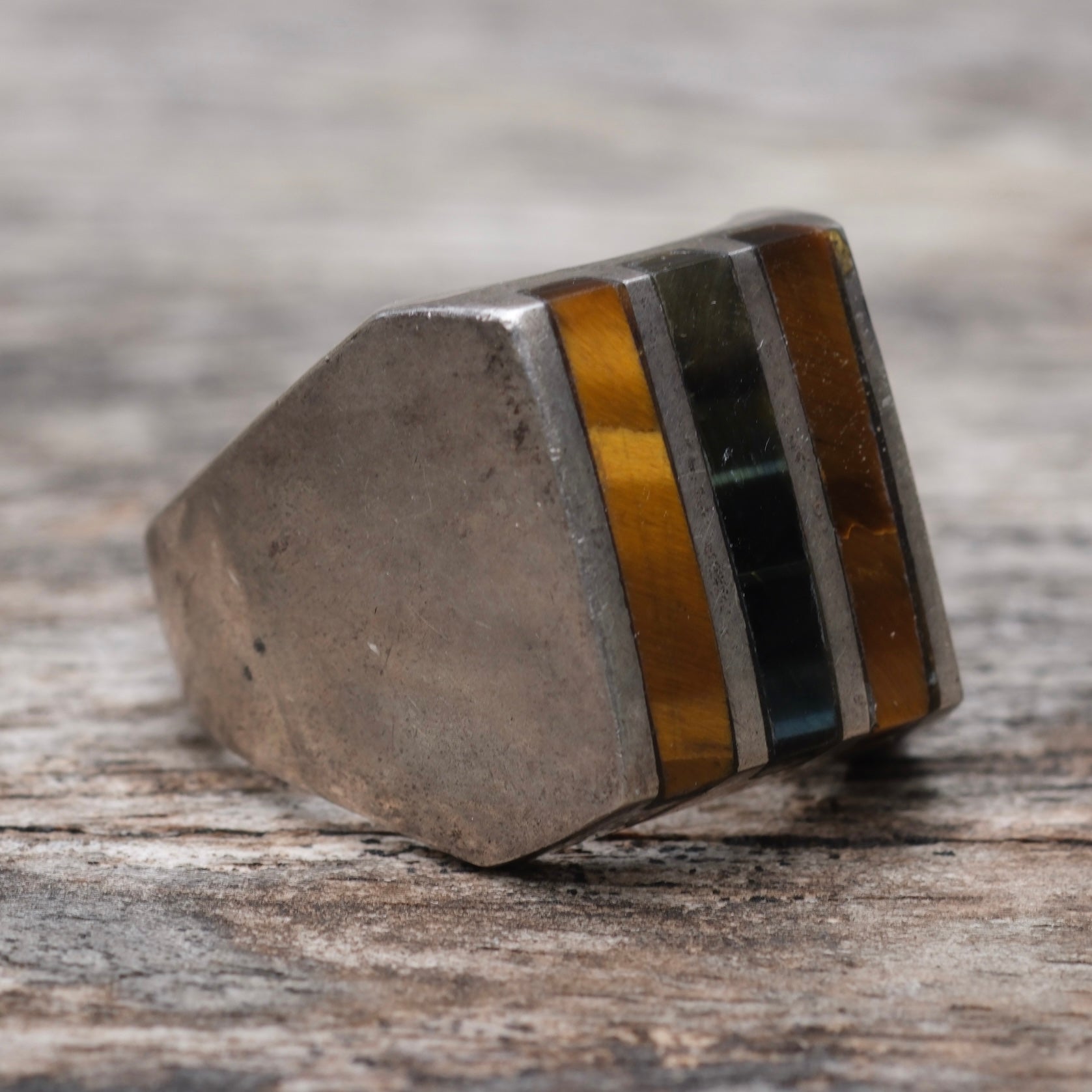 Vintage Sterling Tigers Eye Inlay Striper Ring 9.5