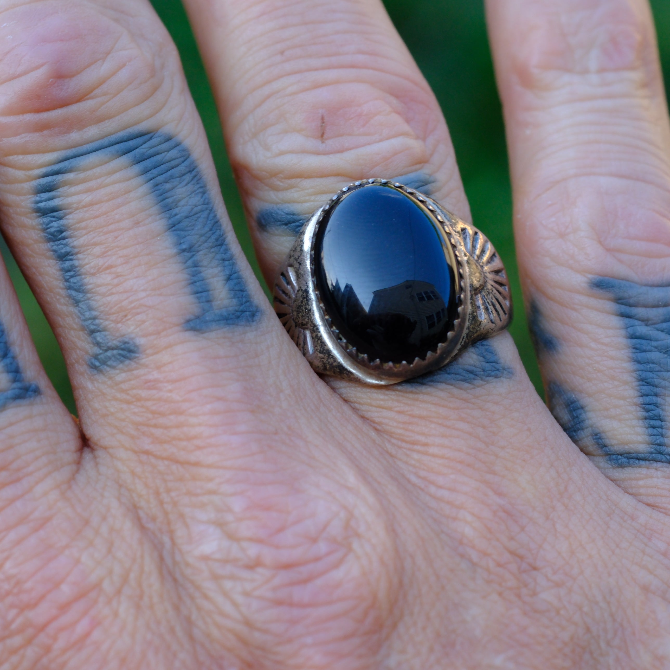 Vintage Sterling Onyx Stamped Band Ring 9