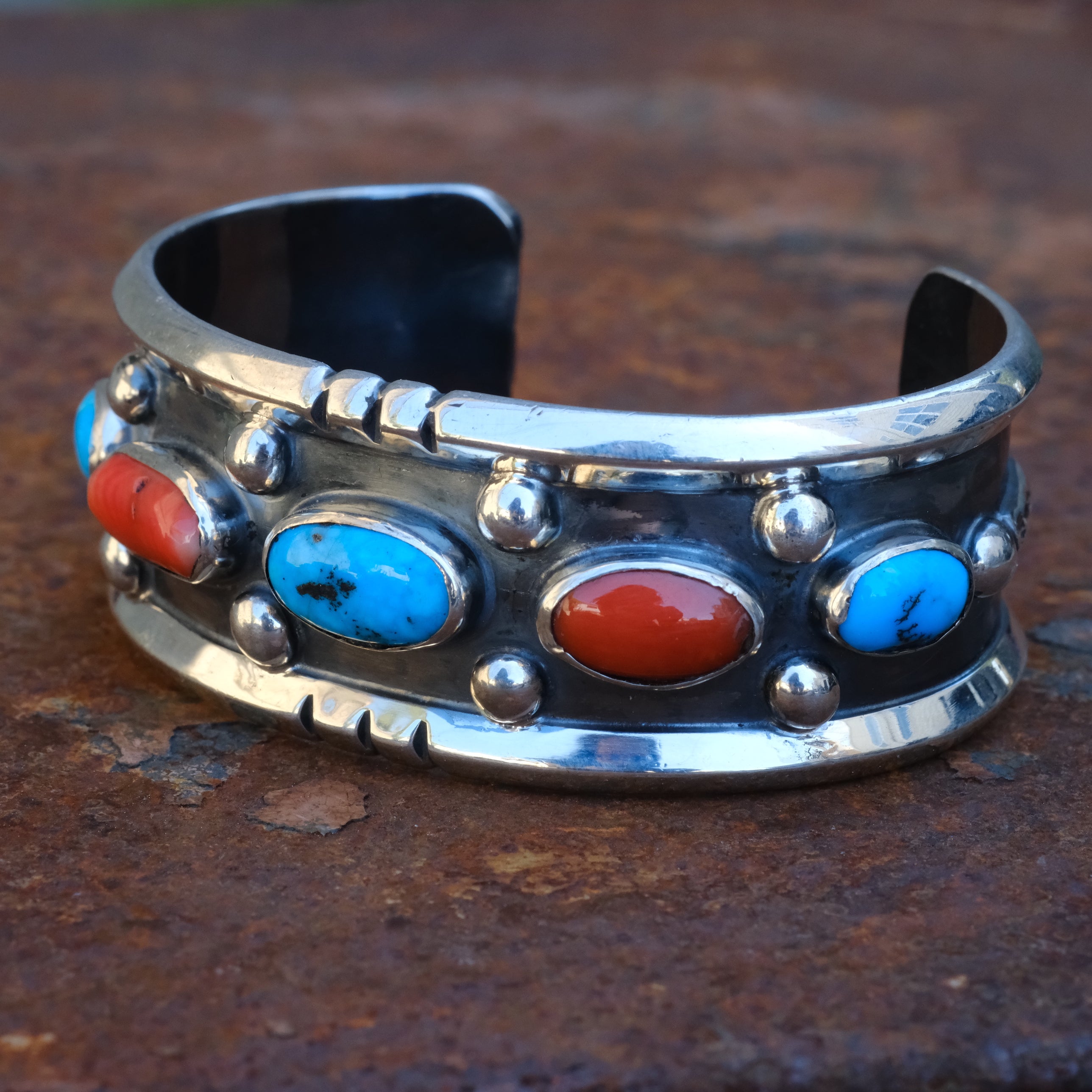 Vintage Sterling Turquoise and Coral Cuff Bracelet