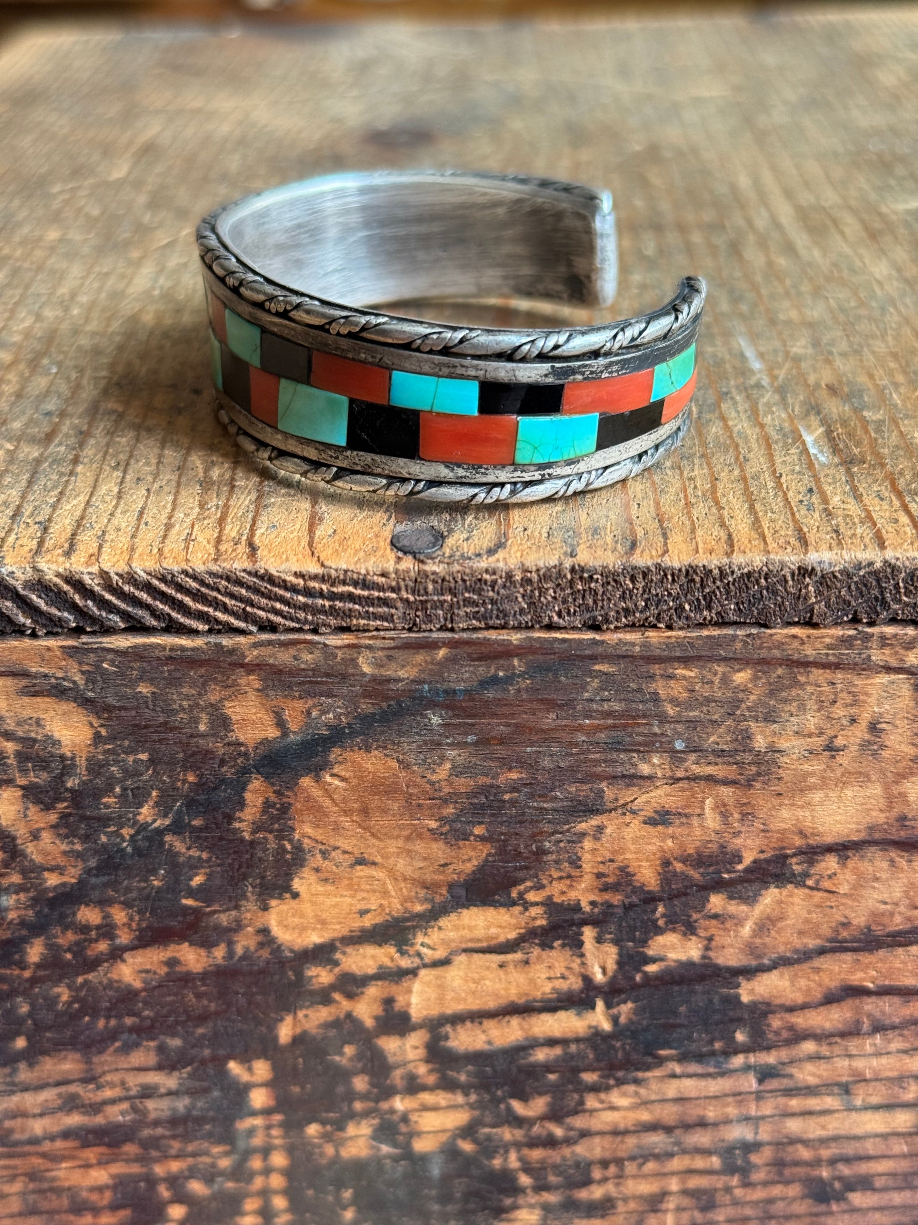 Vintage Sterling Silver Coral Onyx & Turquoise Inlay Cuff