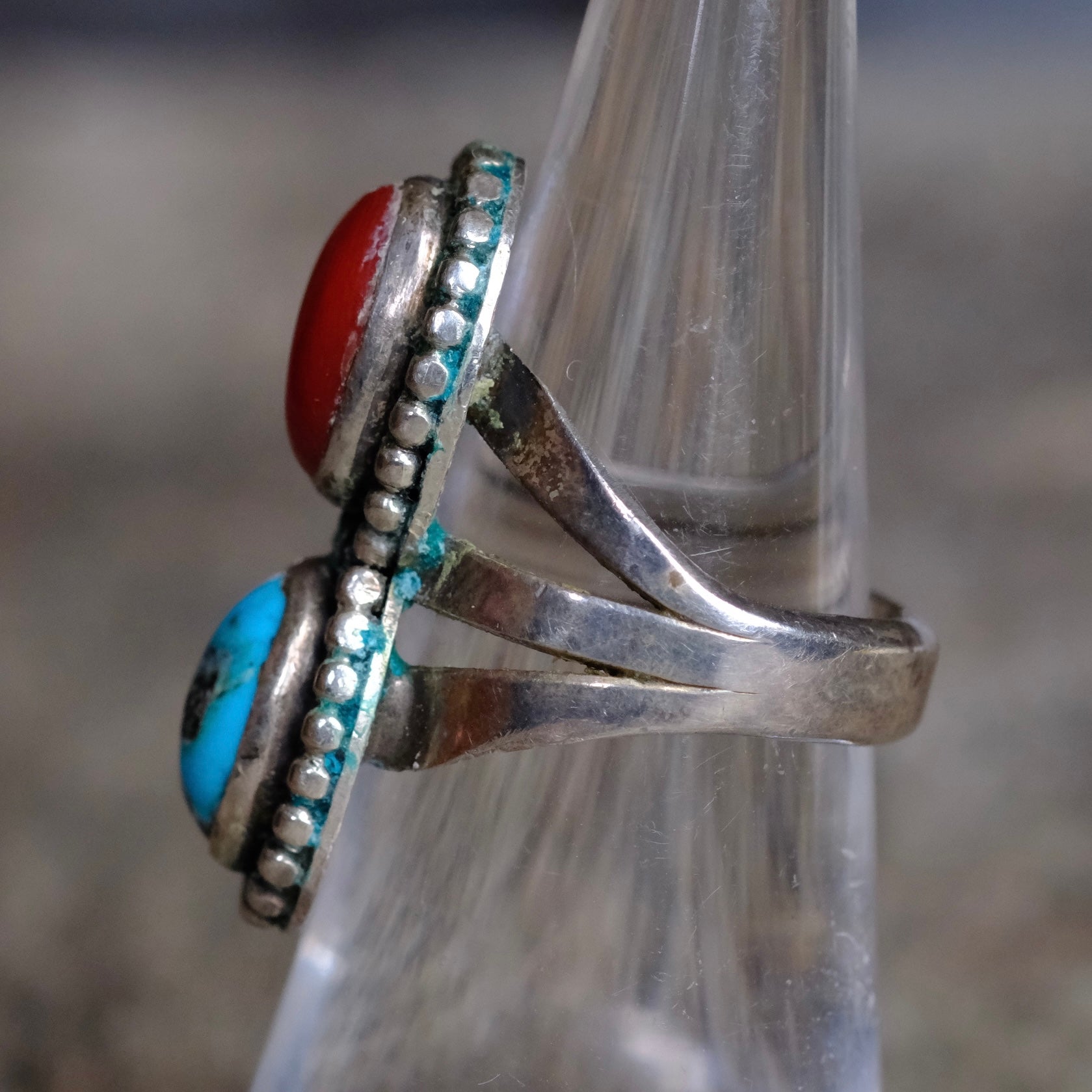 Vintage Sterling Turquoise And Coral Roper Ring 5.75