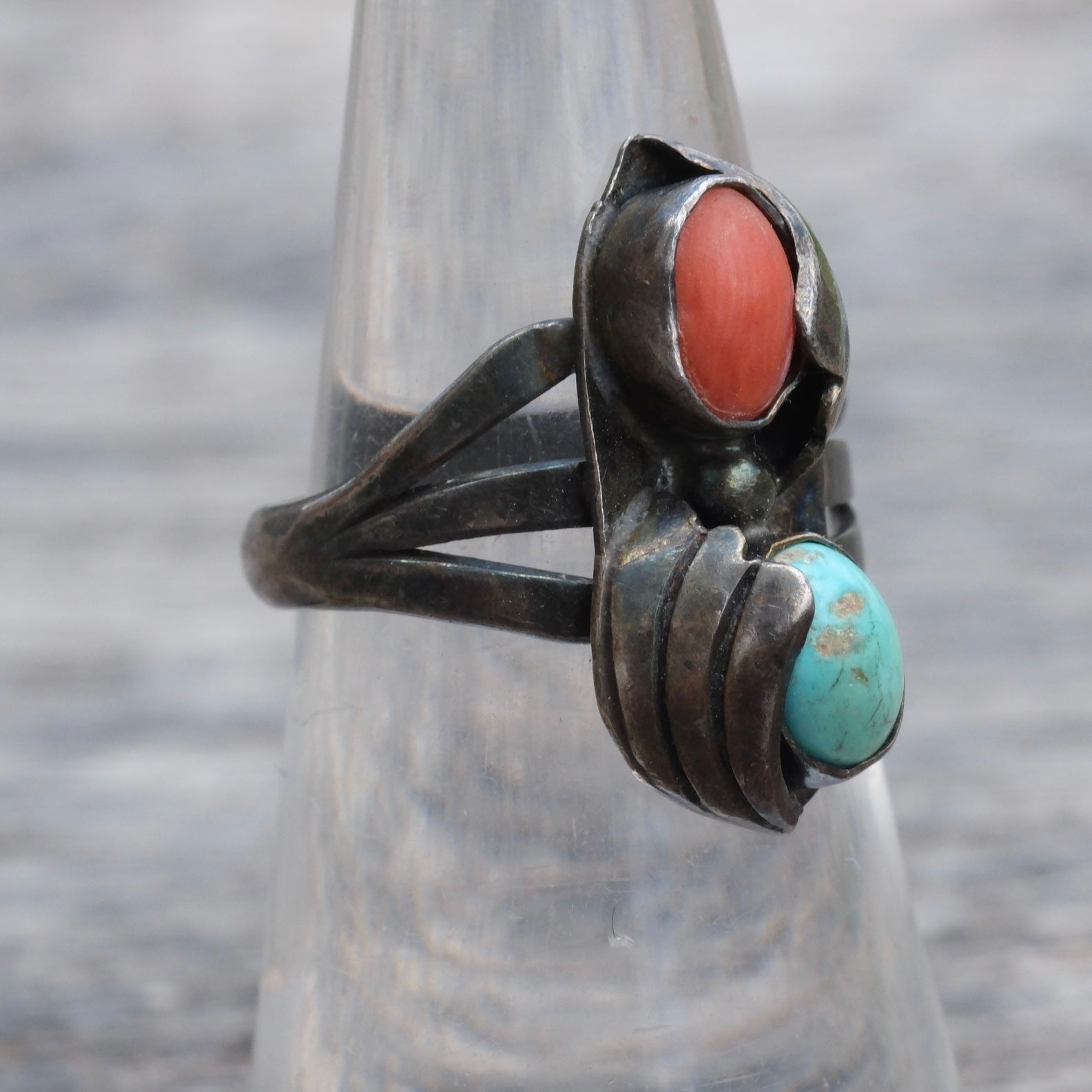 Vintage Sterling Turquoise and Coral Feather Ring 6