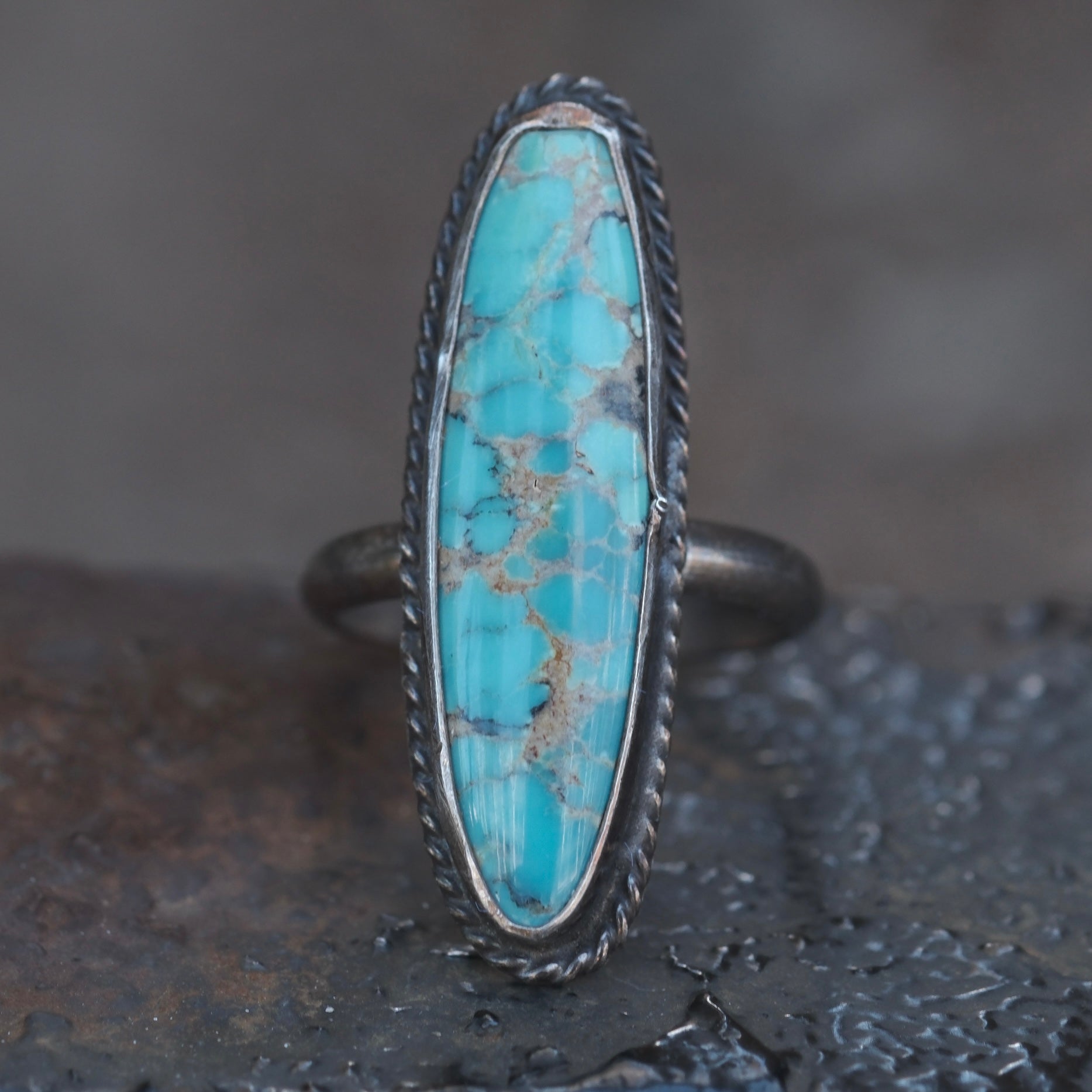 Vintage Sterling Turquoise Roper Ring 5.25