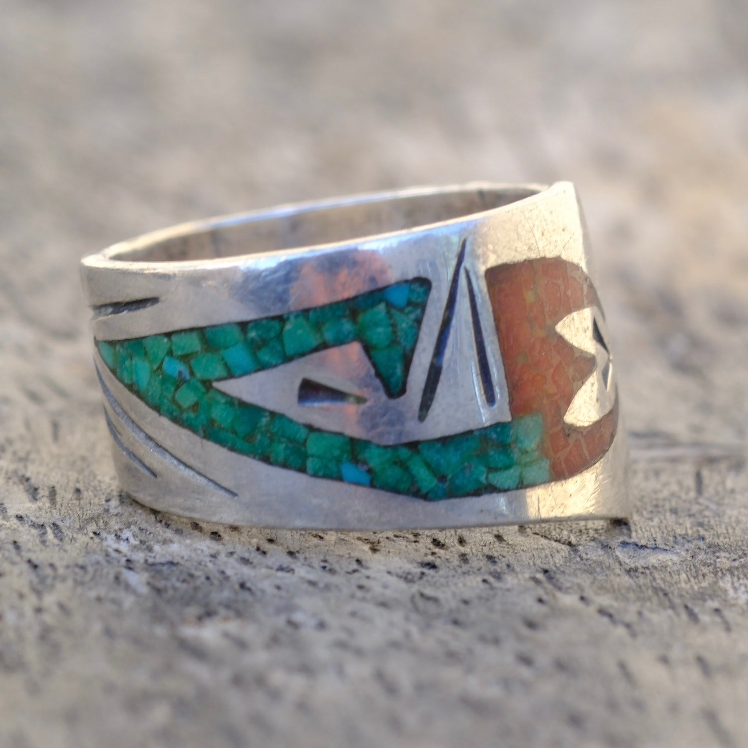 Vintage Sterling Turquoise and Coral Inlay Ring 6.25