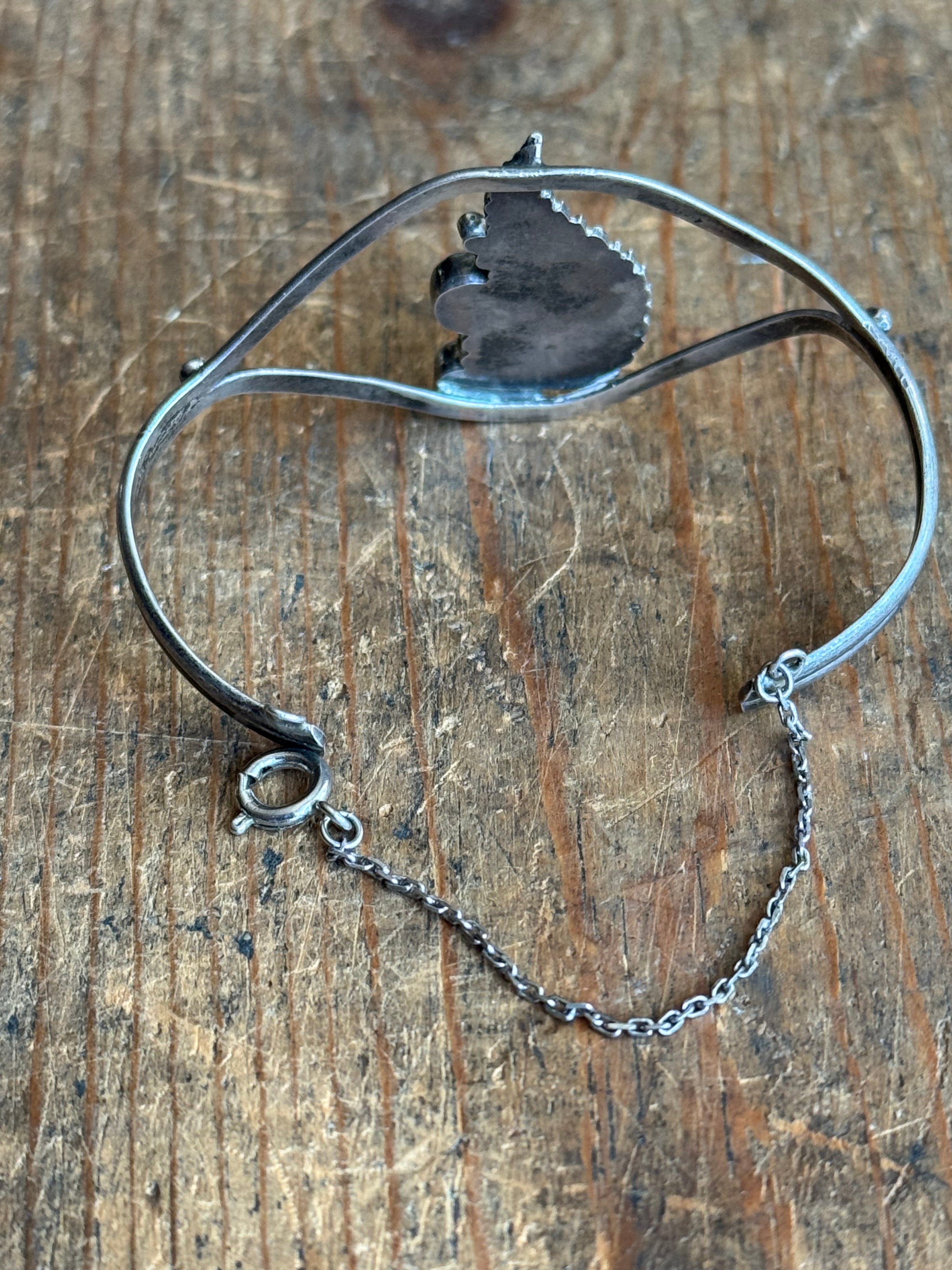 Vintage Sterling Silver Turquoise & Coral Leaf Cuff
