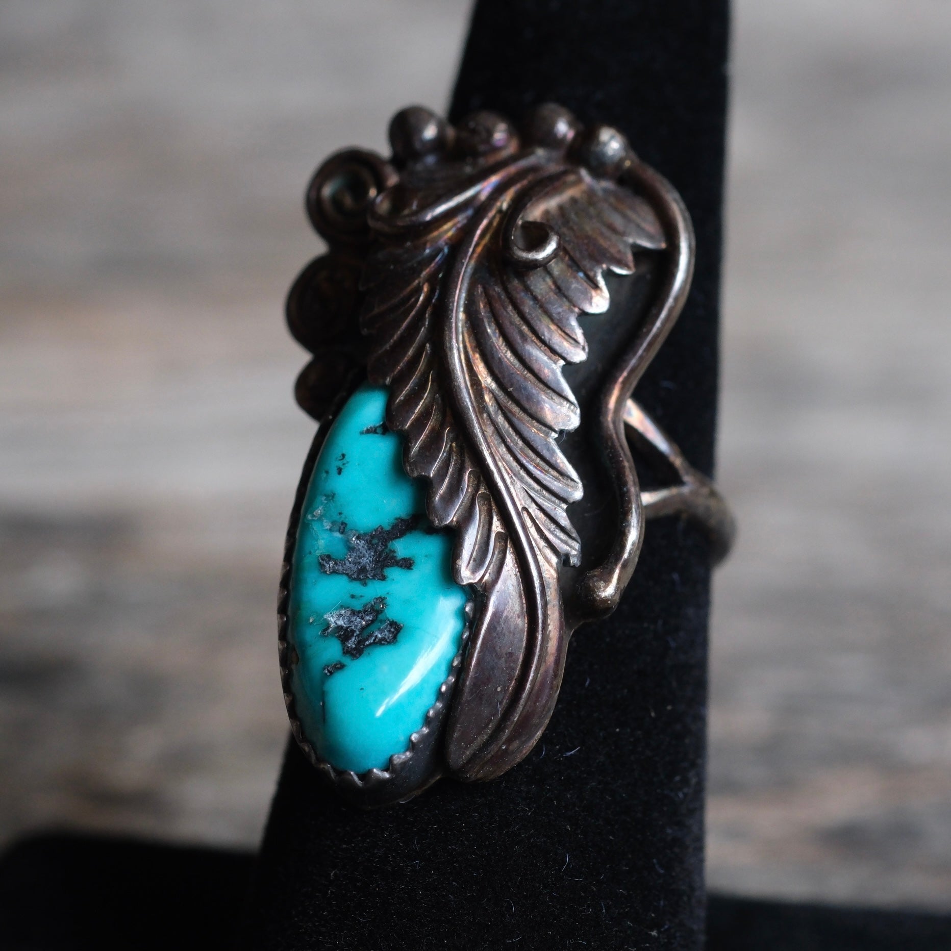 Vintage Sterling Turquoise Feather Ring 6.25