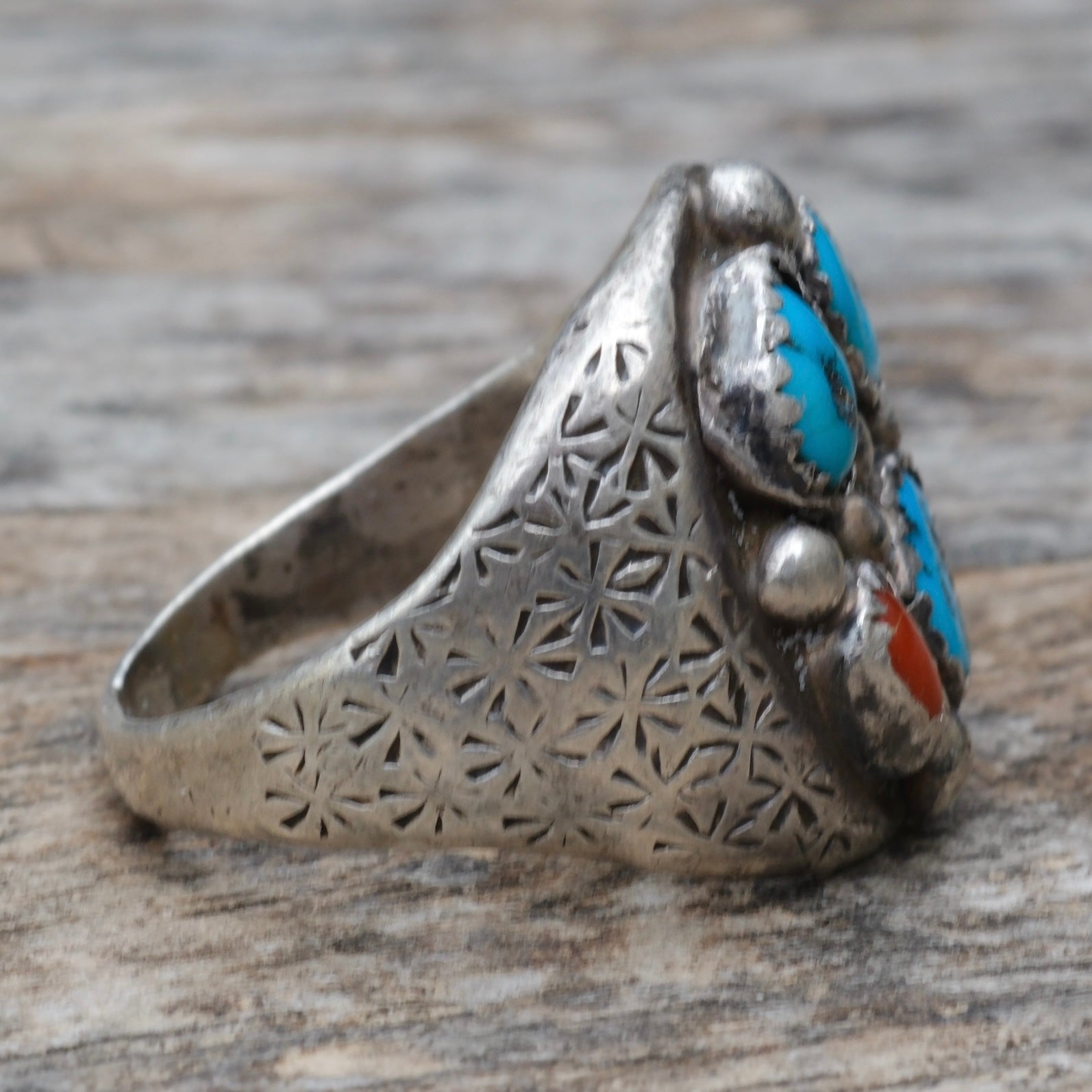 Vintage Sterling Turquoise and Coral Cluster Ring 10.75