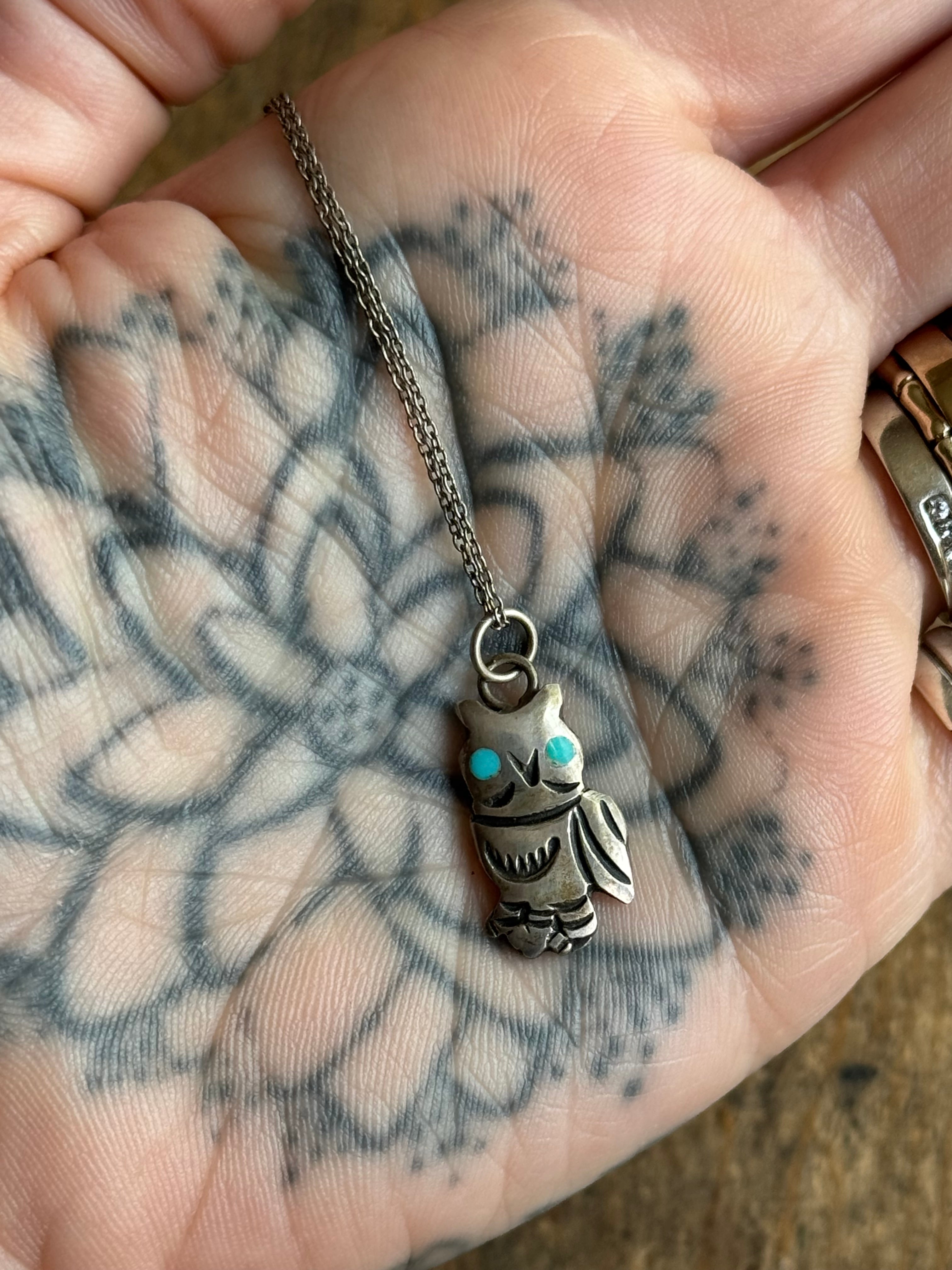 Vintage Sterling Silver Turquoise Owl Necklace