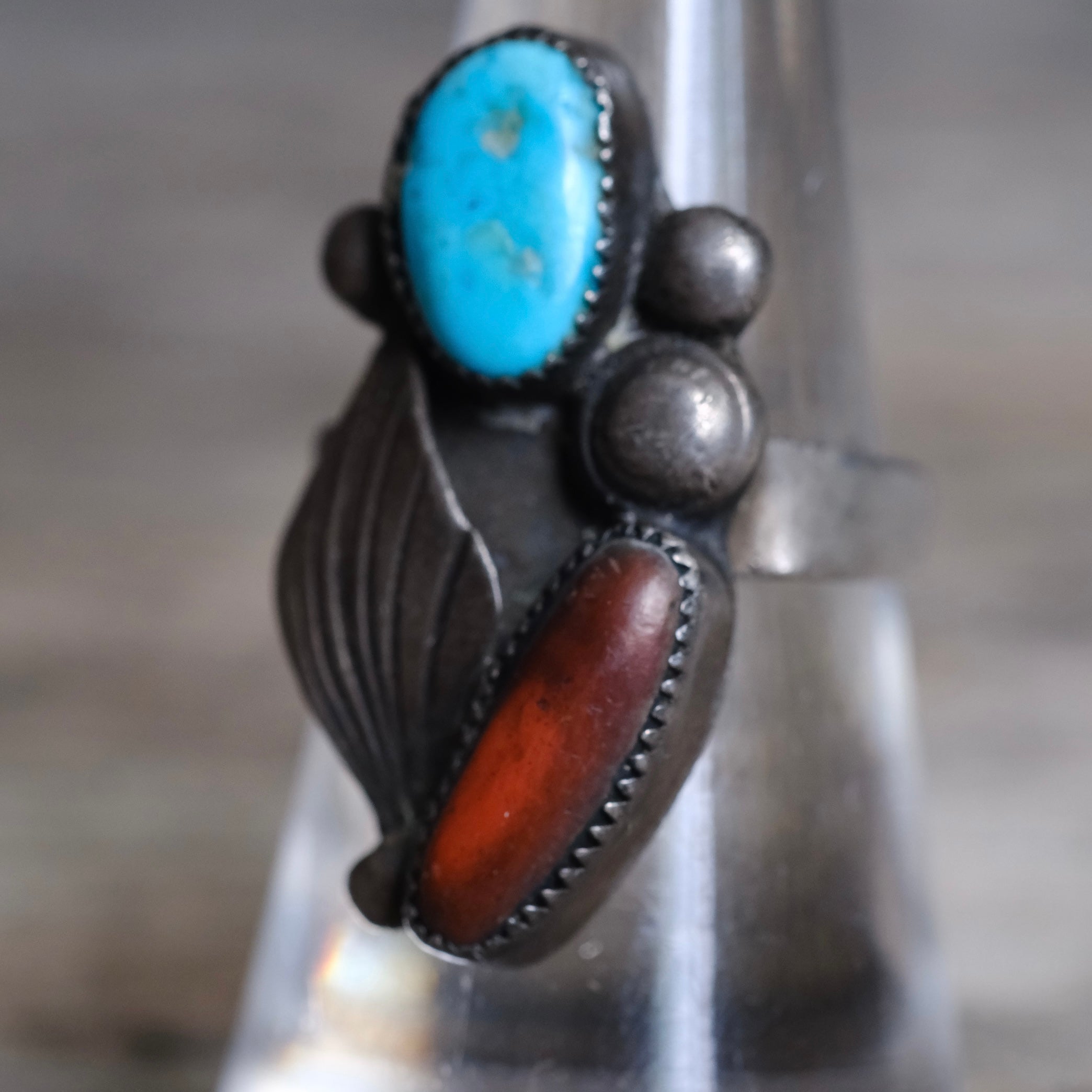 Vintage Sterling Turquoise and Coral Feather Ring 7.5